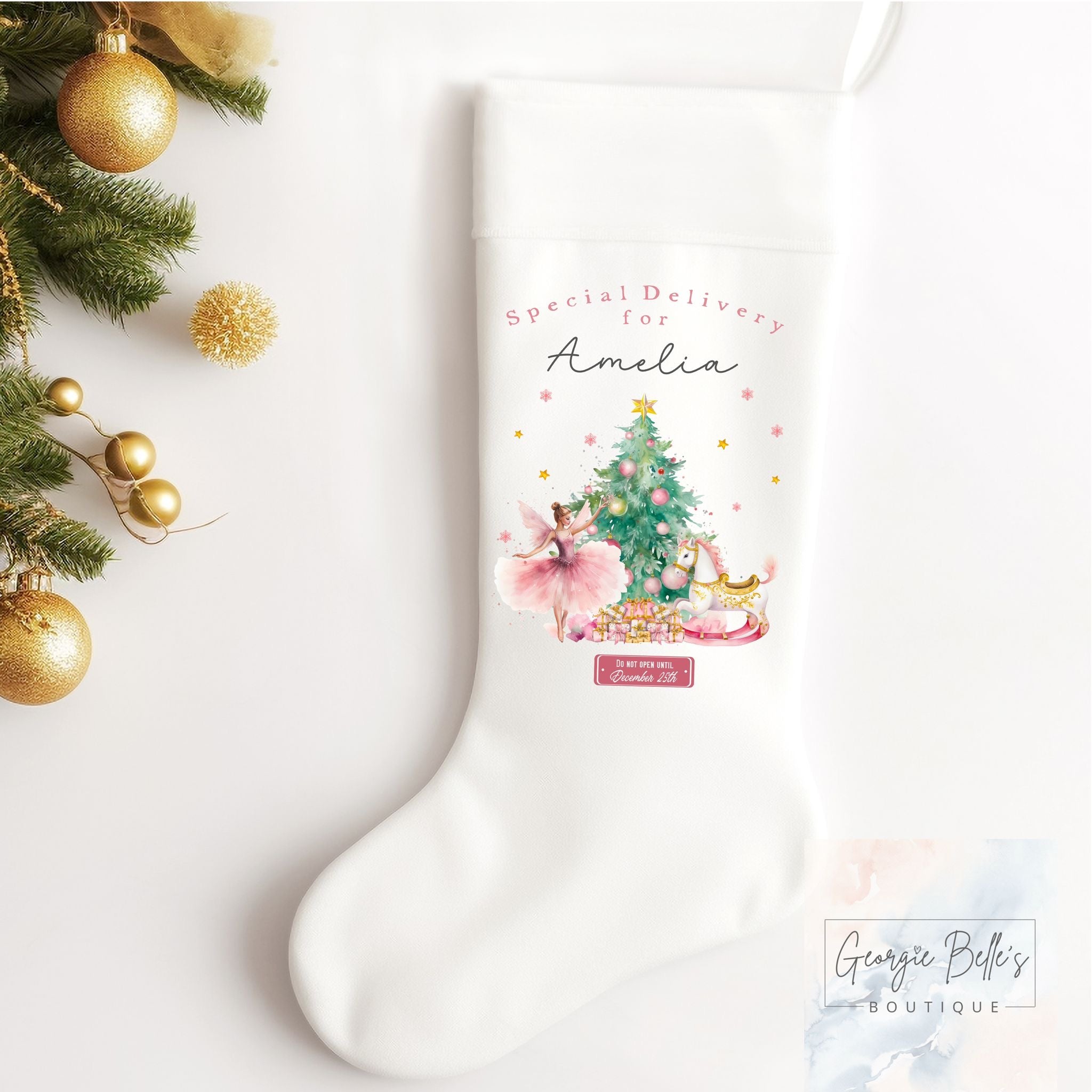 Personalised Christmas Luxury White Stocking - Special Delivery Pink Ballerina Design