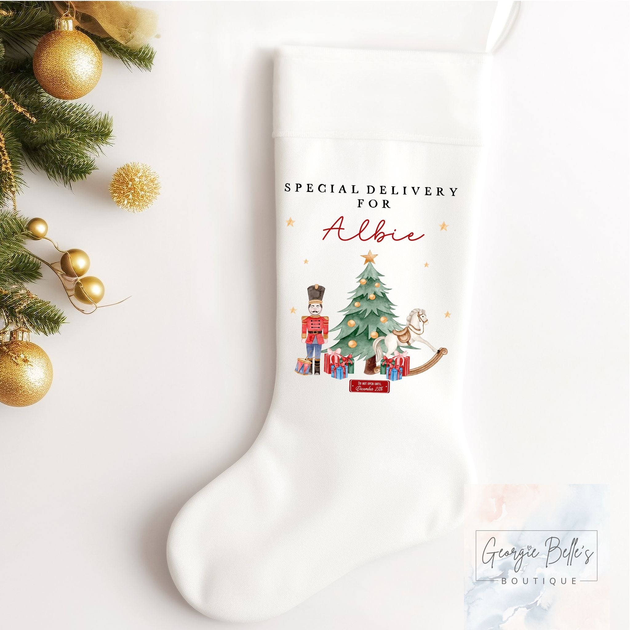 Personalised Christmas Luxury White Stocking - Special Delivery Red Nutcracker Design