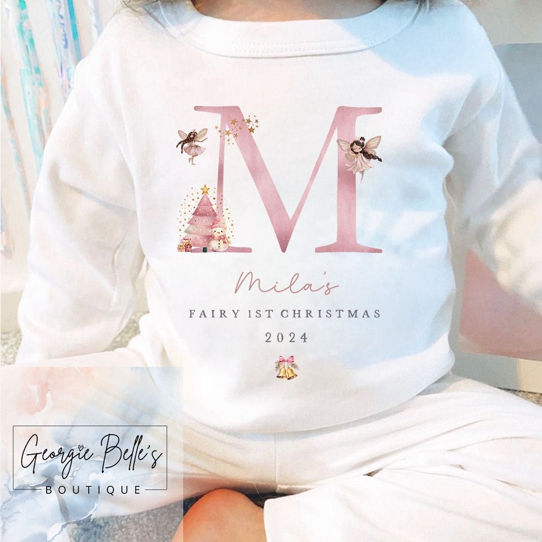 White Personalised Christmas Pyjamas - Fairy First Initial Design