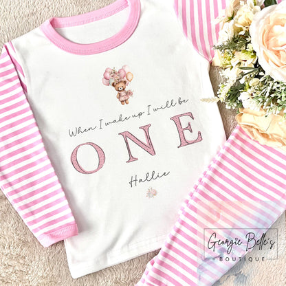 Personalised Birthday Pyjamas - Pink Teddy Balloon Design