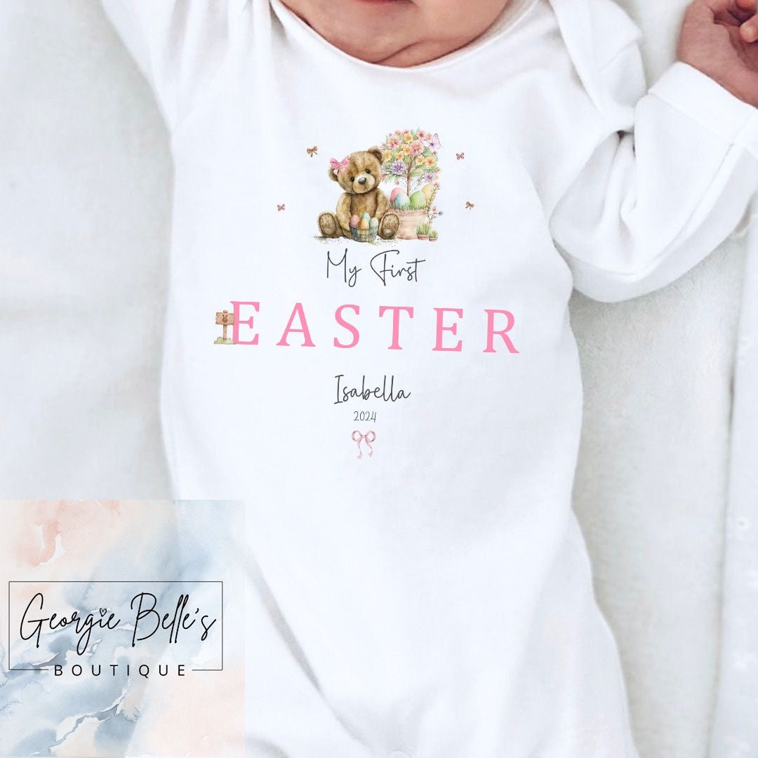 My 1st Easter Personalised Vest / Babygrow - Pink Bear Design