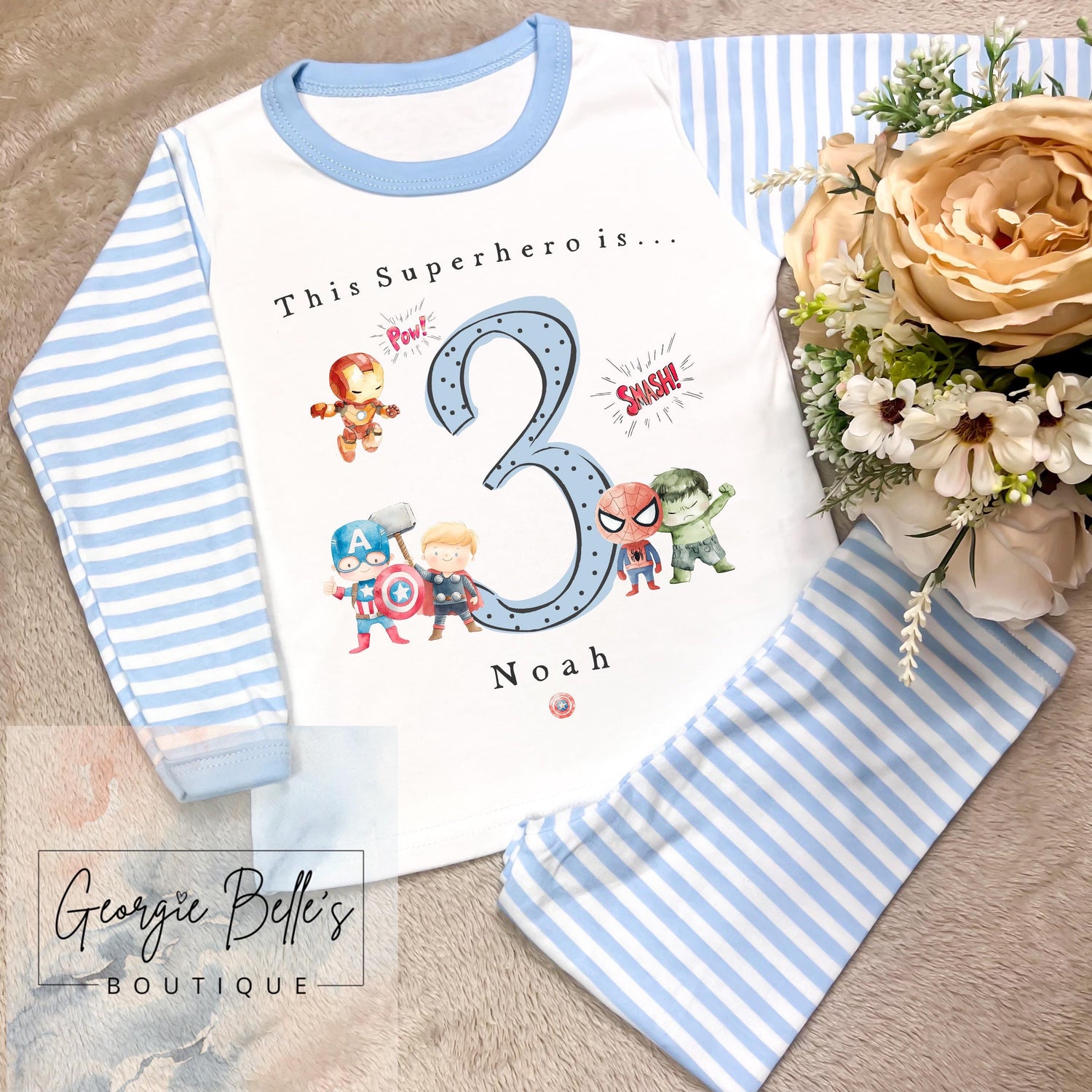 Personalised Birthday Pyjamas -  Superhero Inspired Blue Design