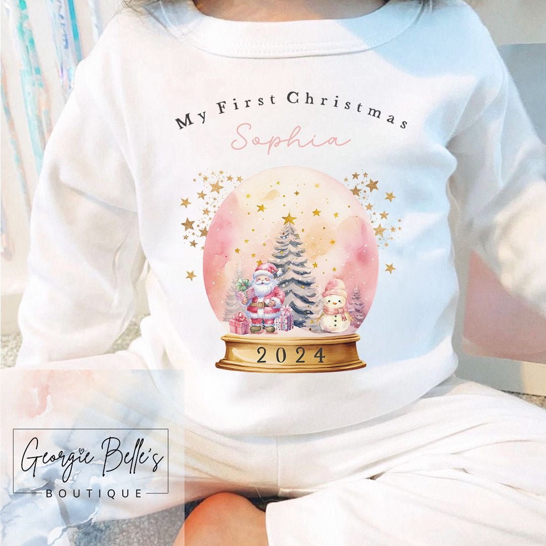 White Personalised Sibling Matching Christmas Pyjamas - Pink Snow Globe Design