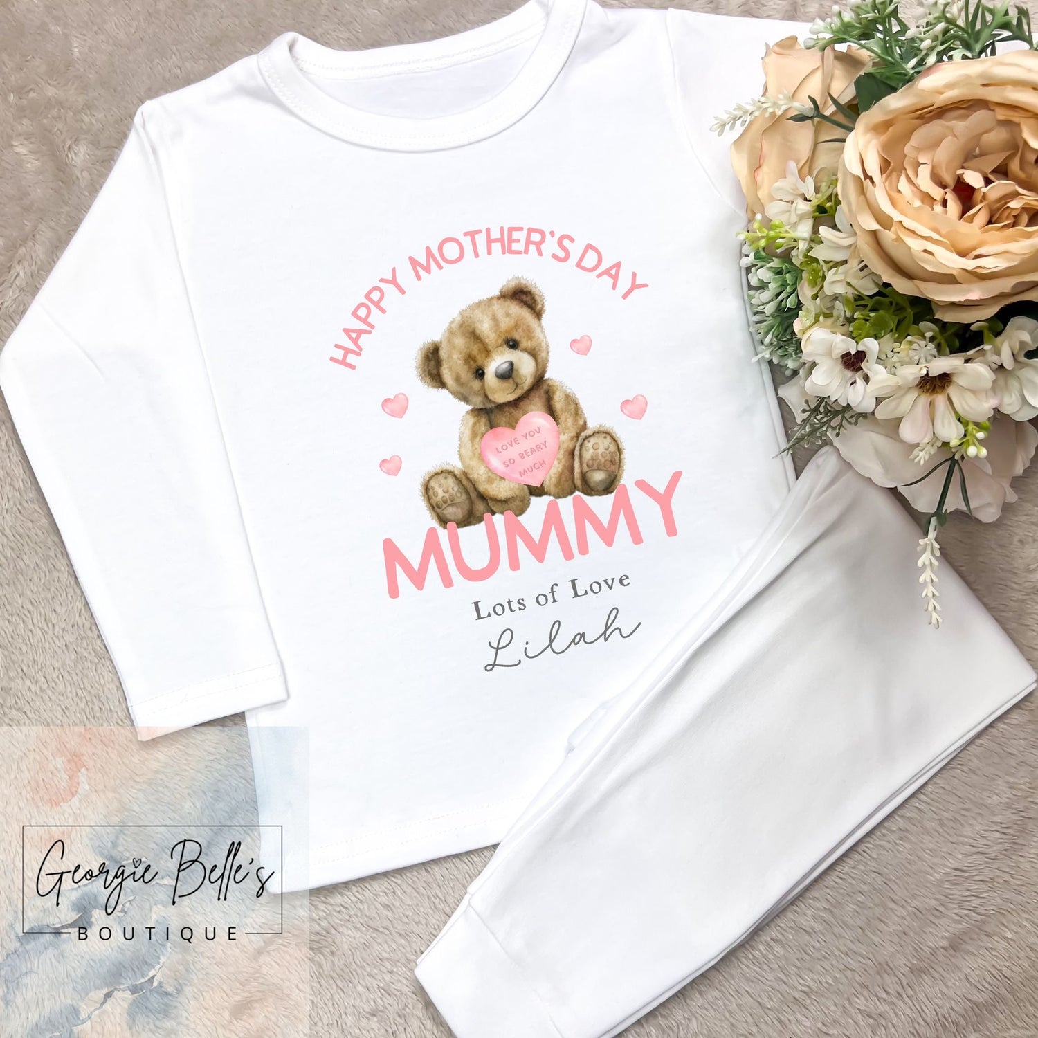 Personalised Sibling Matching Mothers Day Pyjamas - Blue Bear Design