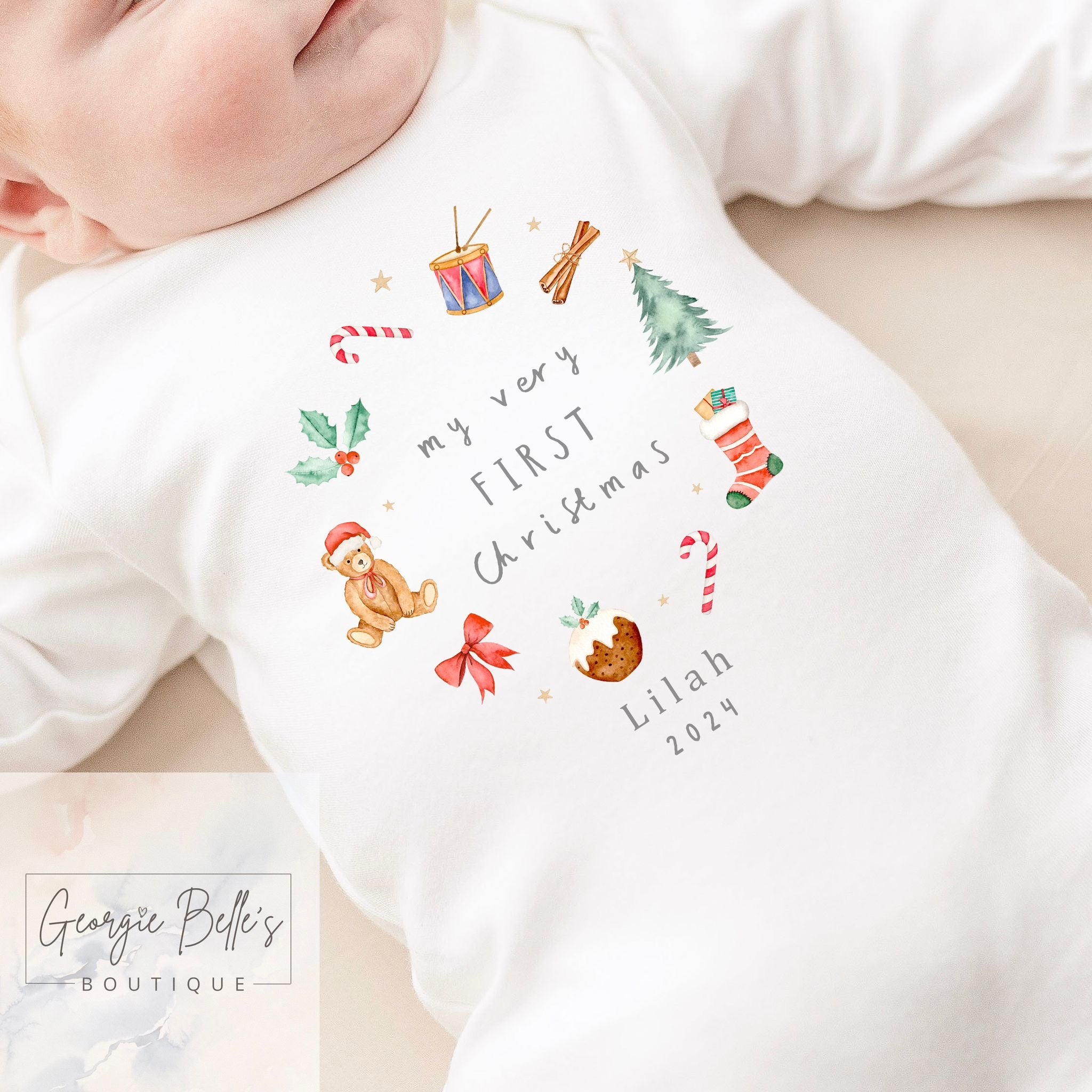 My 1st Christmas Personalised Baby Vest / Babygrow - Very 1st Wreath Design