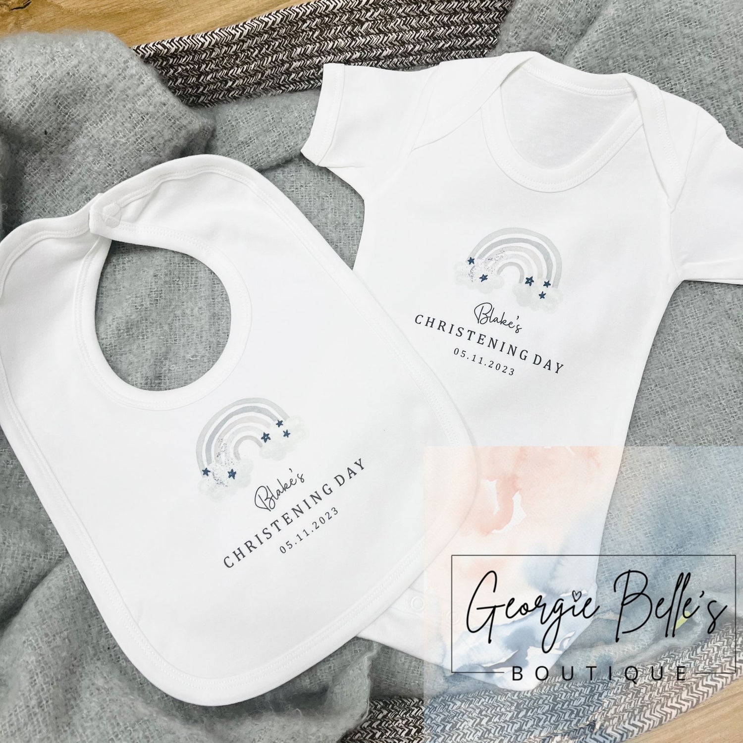 Personalised Christening Blue Rainbow Design Vest/Babygrow