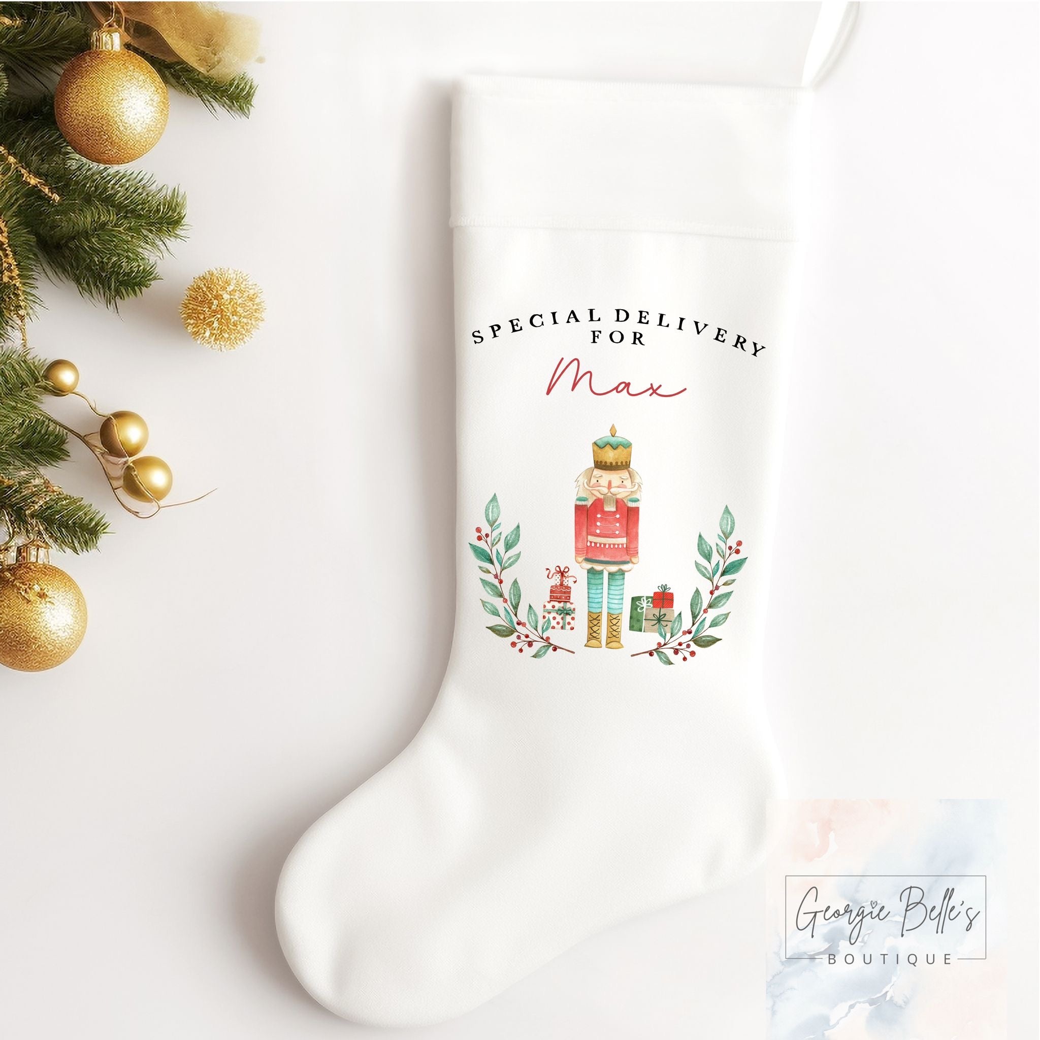 Personalised Christmas Luxury White Stocking - Special Delivery Nutcracker Design