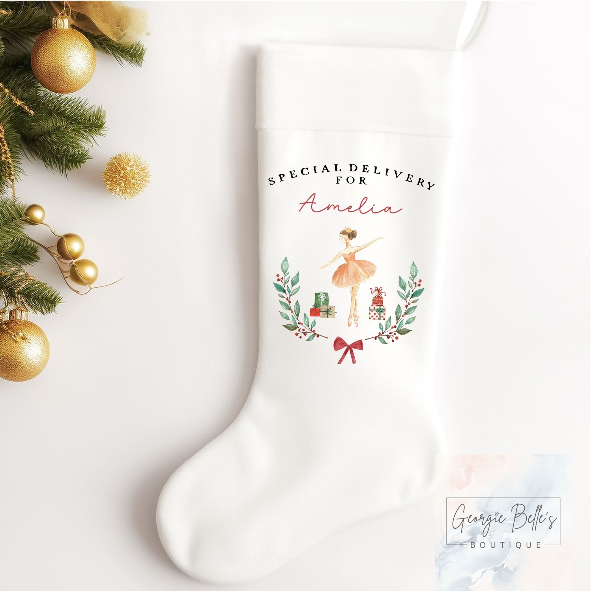 Personalised Christmas Luxury White Stocking - Special Delivery Ballerina Design