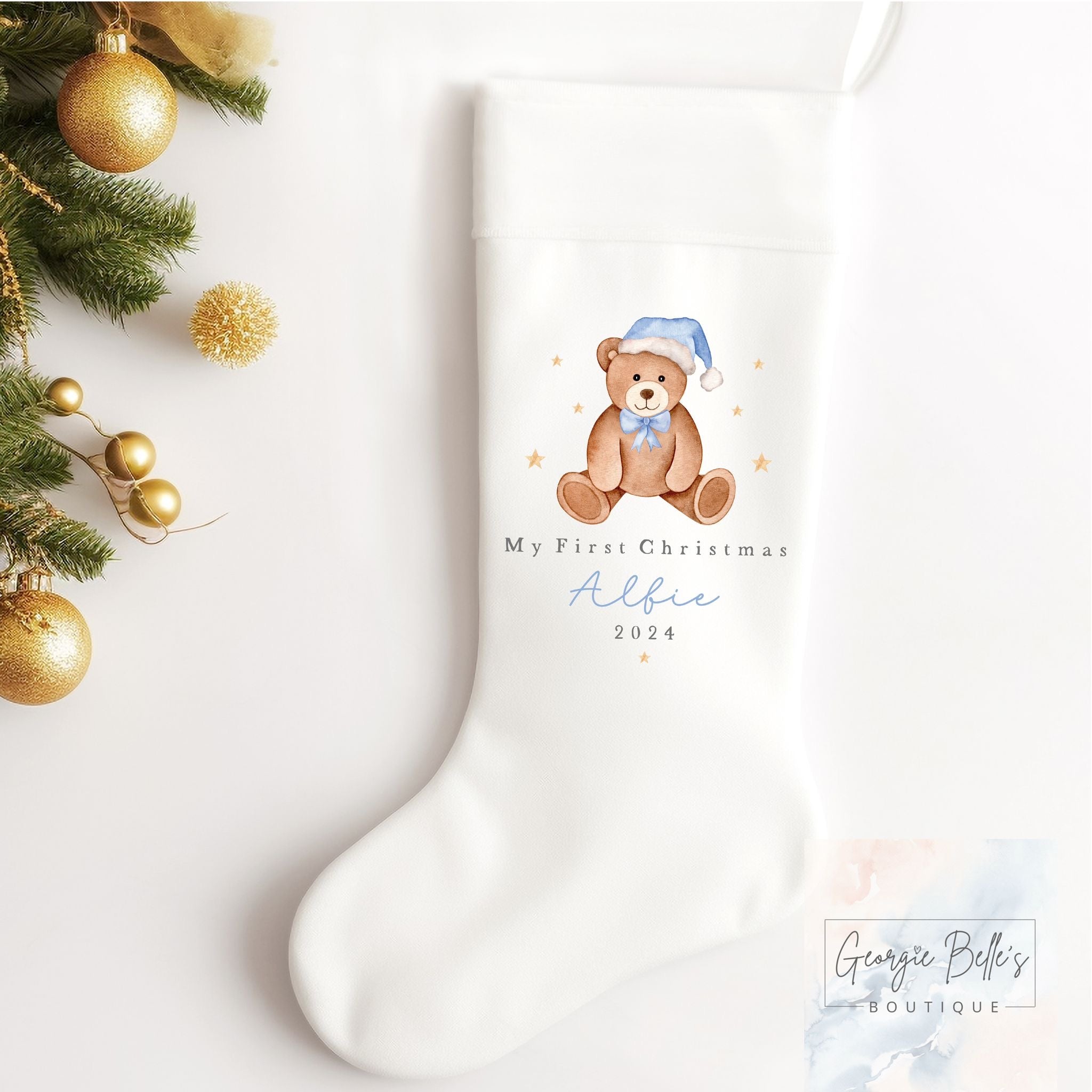 Personalised Christmas Luxury White Stocking - My 1st Christmas Blue Bear Design