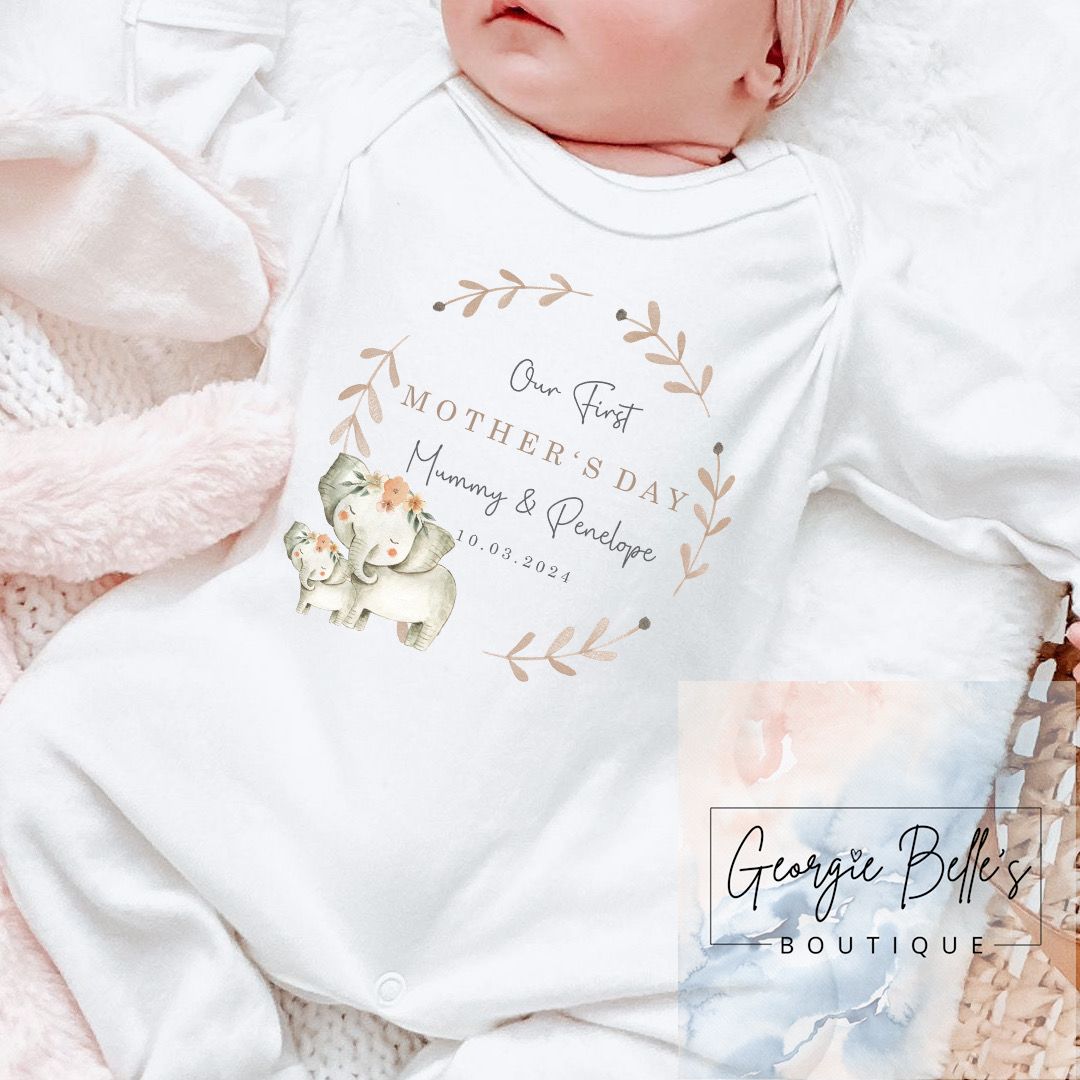 Mothers Day Personalised Vest / Babygrow - Elephant Wreath Girl Design