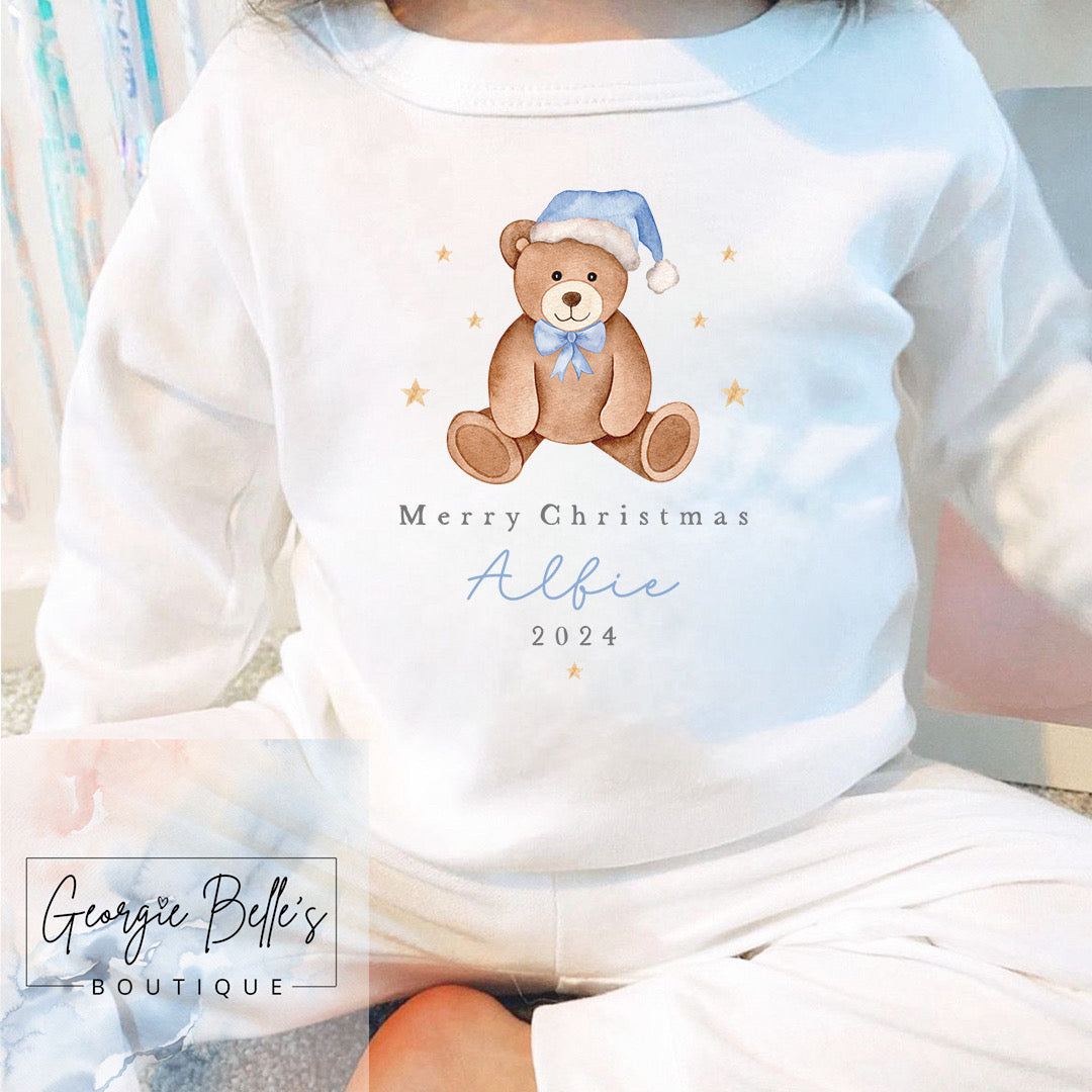 White Personalised Sibling Matching Christmas Pyjamas - Blue Bear Design