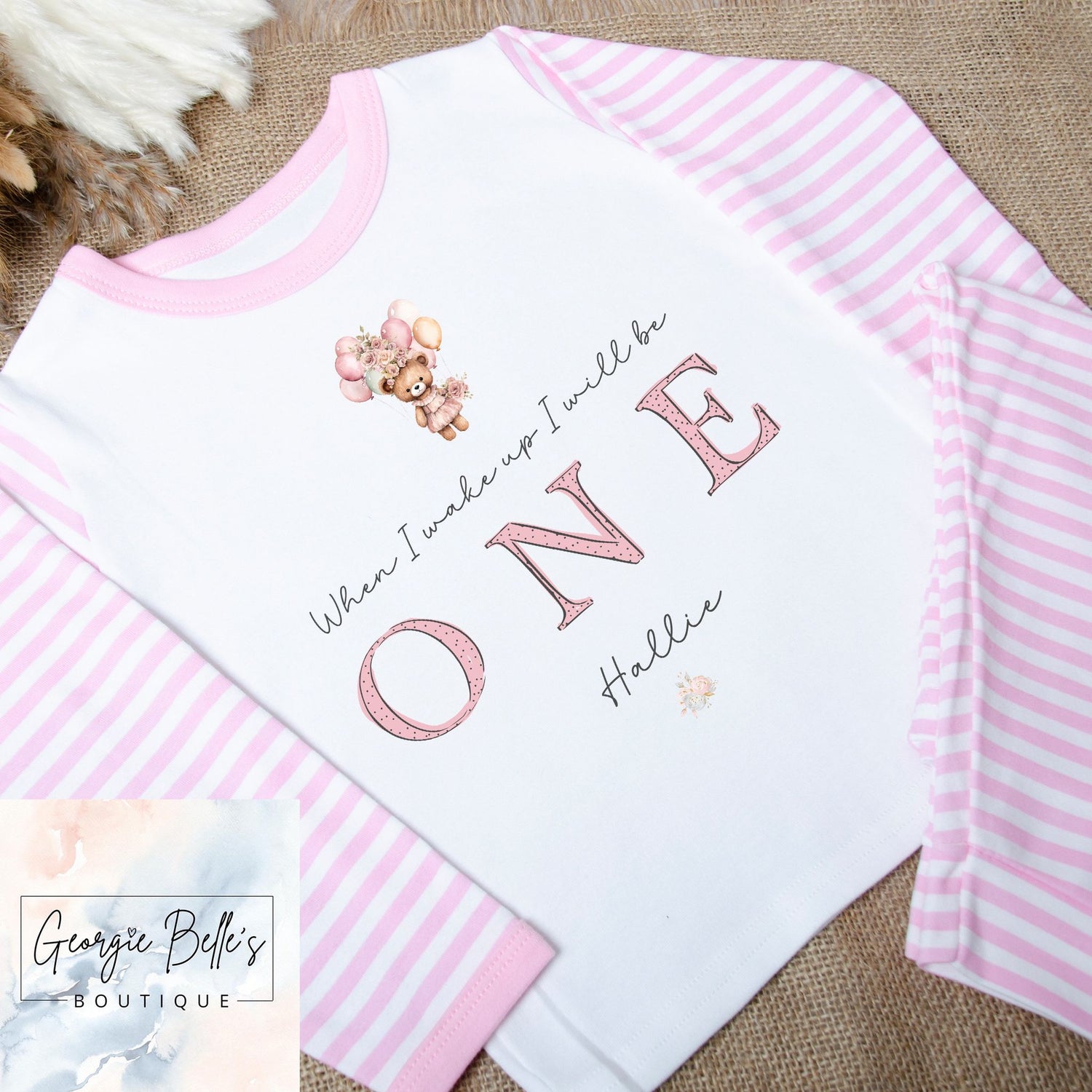 Personalised Birthday Pyjamas - Pink Teddy Balloon Design