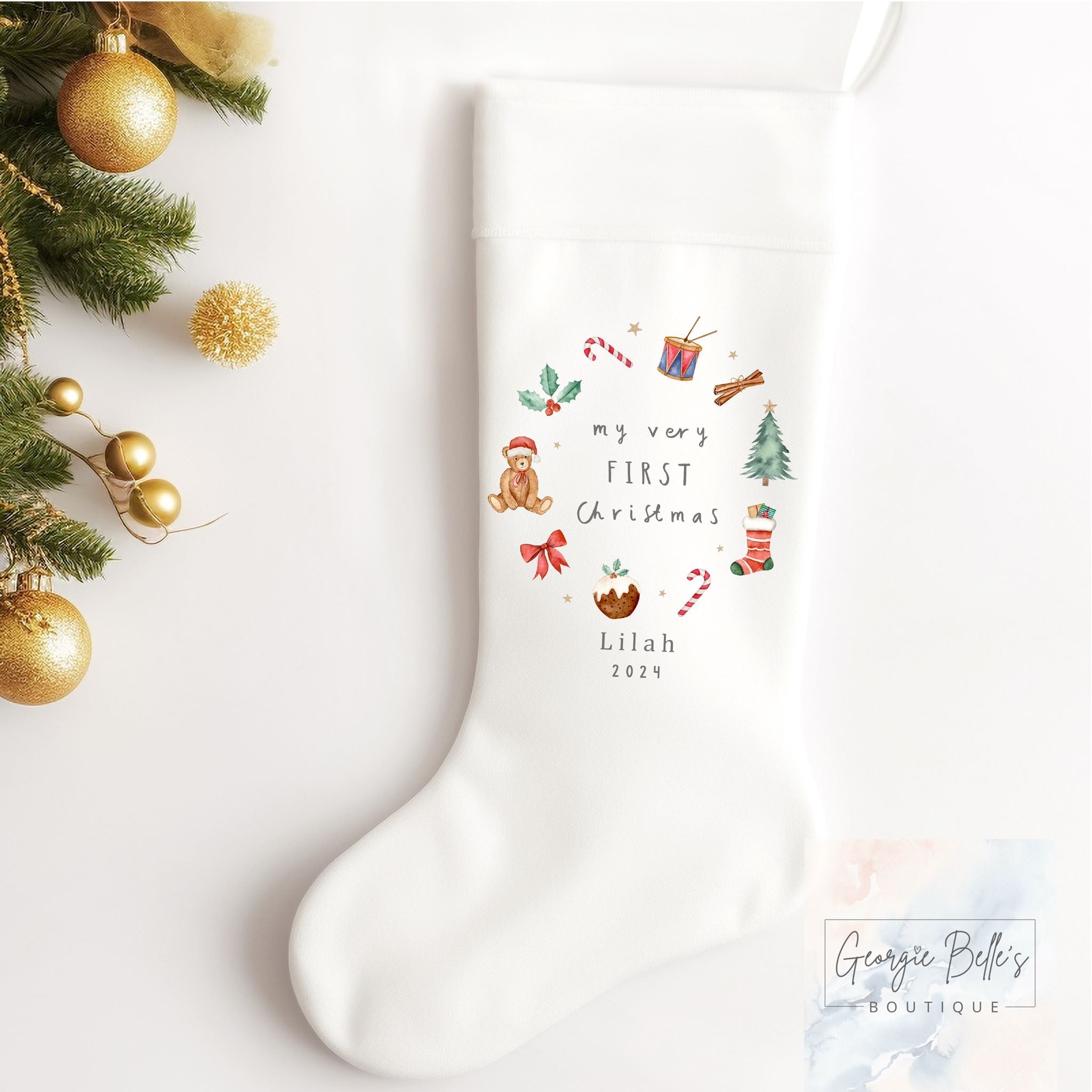 Personalised Christmas Luxury White Stocking - My 1st Christmas Wreath Design