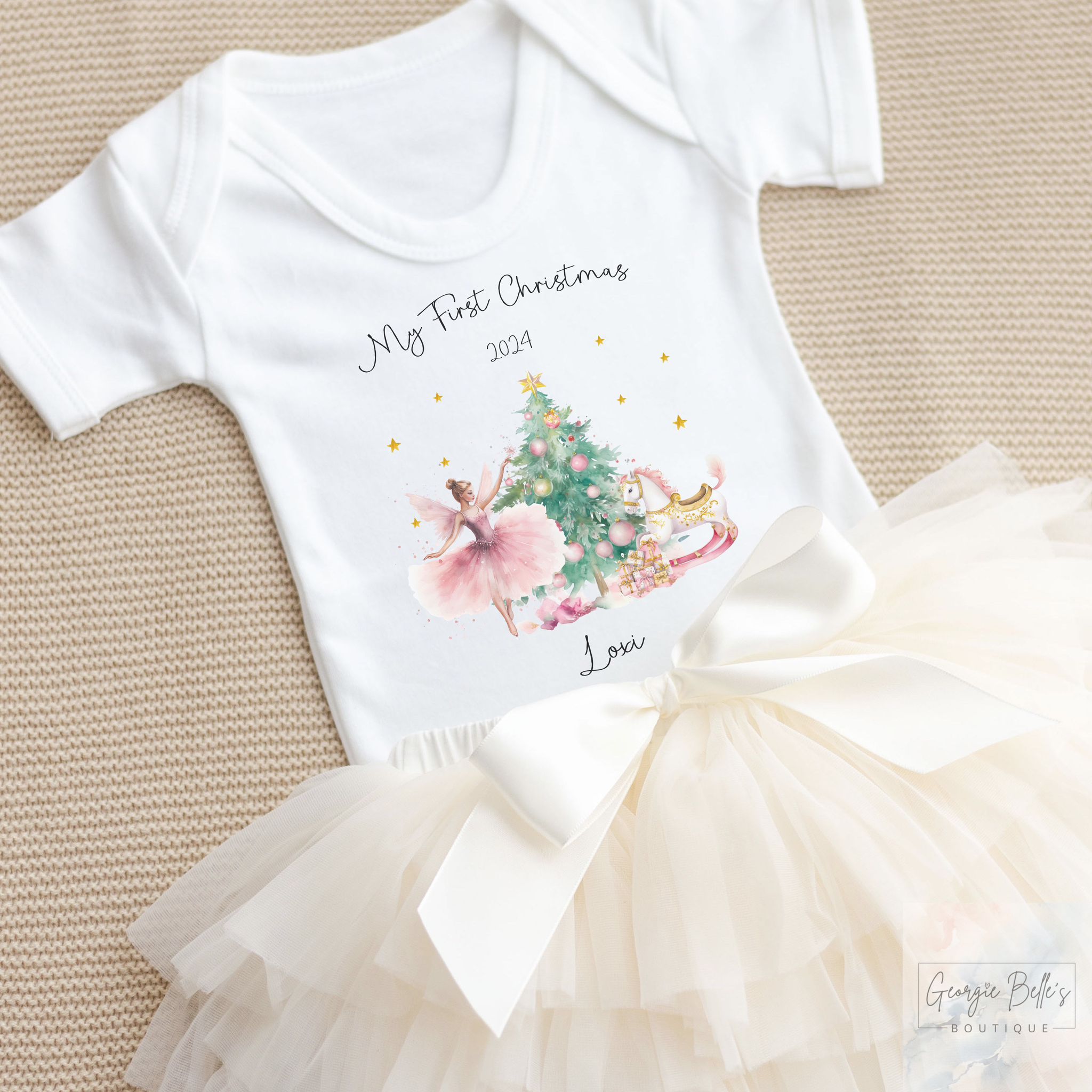 Personalised Christmas Luxury Cream Tutu Set with Vest - Pink Nutcracker Design