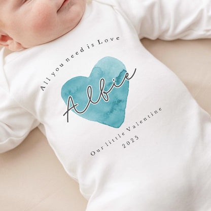 Personalised Valentines Day Baby Vest / Babygrow - Blue Heart Design