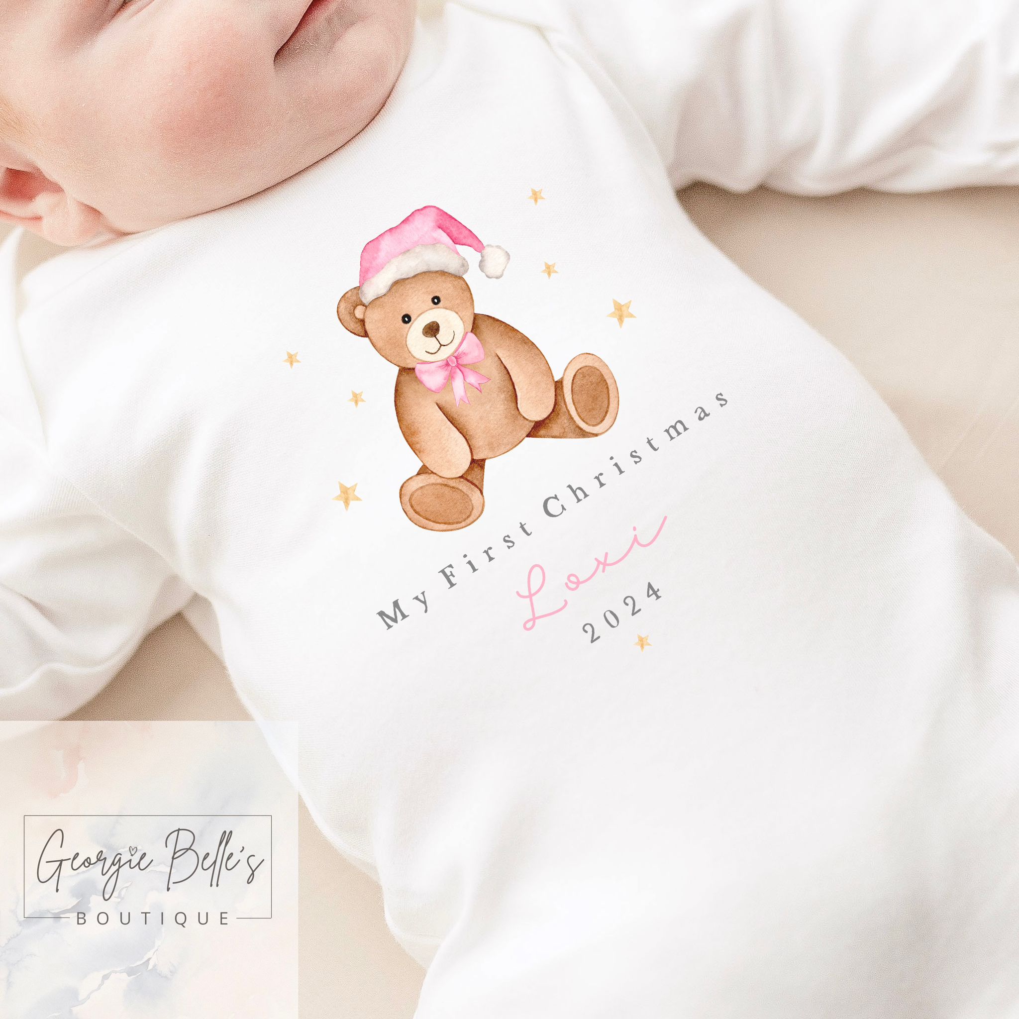 My 1st Christmas Personalised Baby Vest / Babygrow - Georgie Belle’s Bear Pink Design