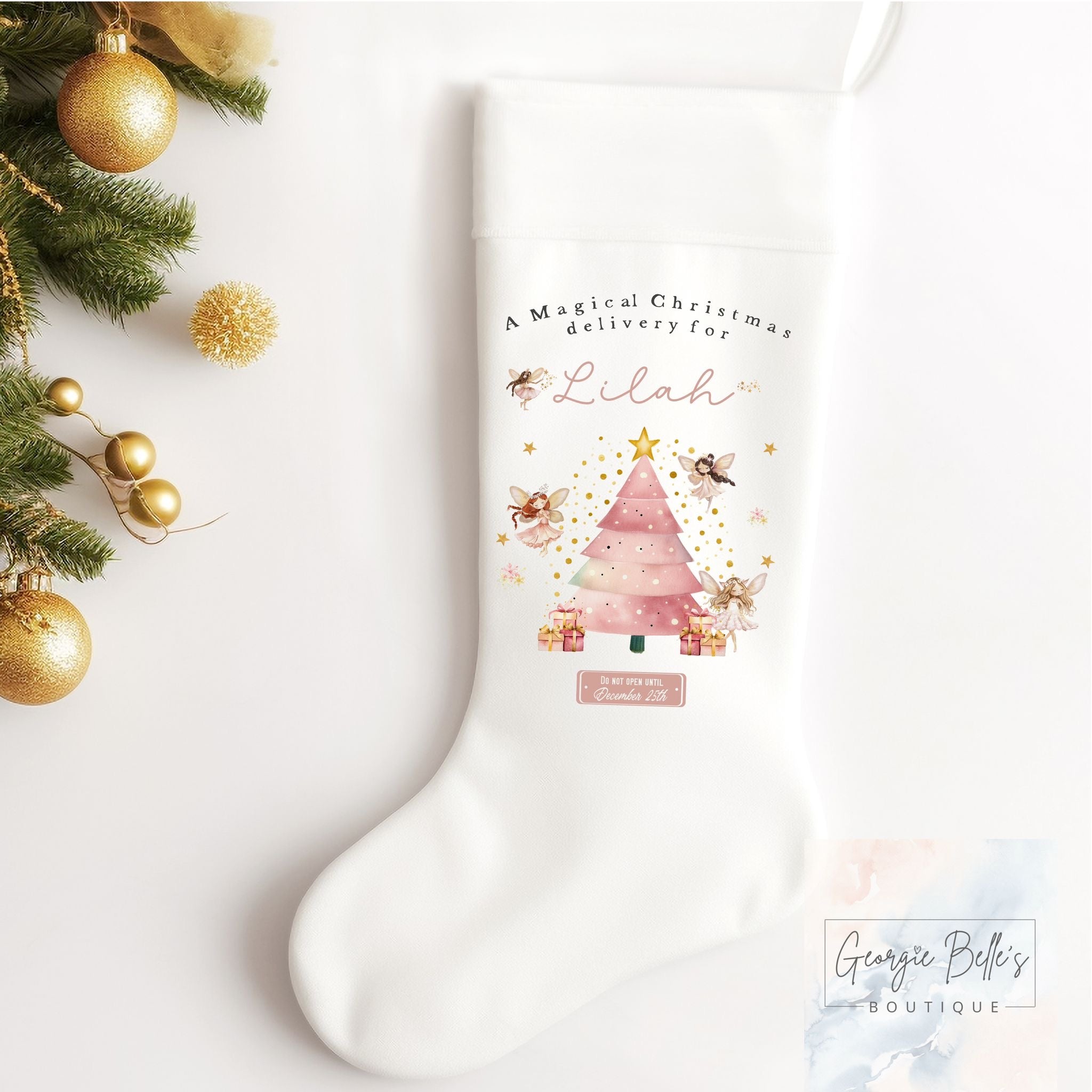 Personalised Christmas Luxury White Stocking - Magical Delivery Fairy Design