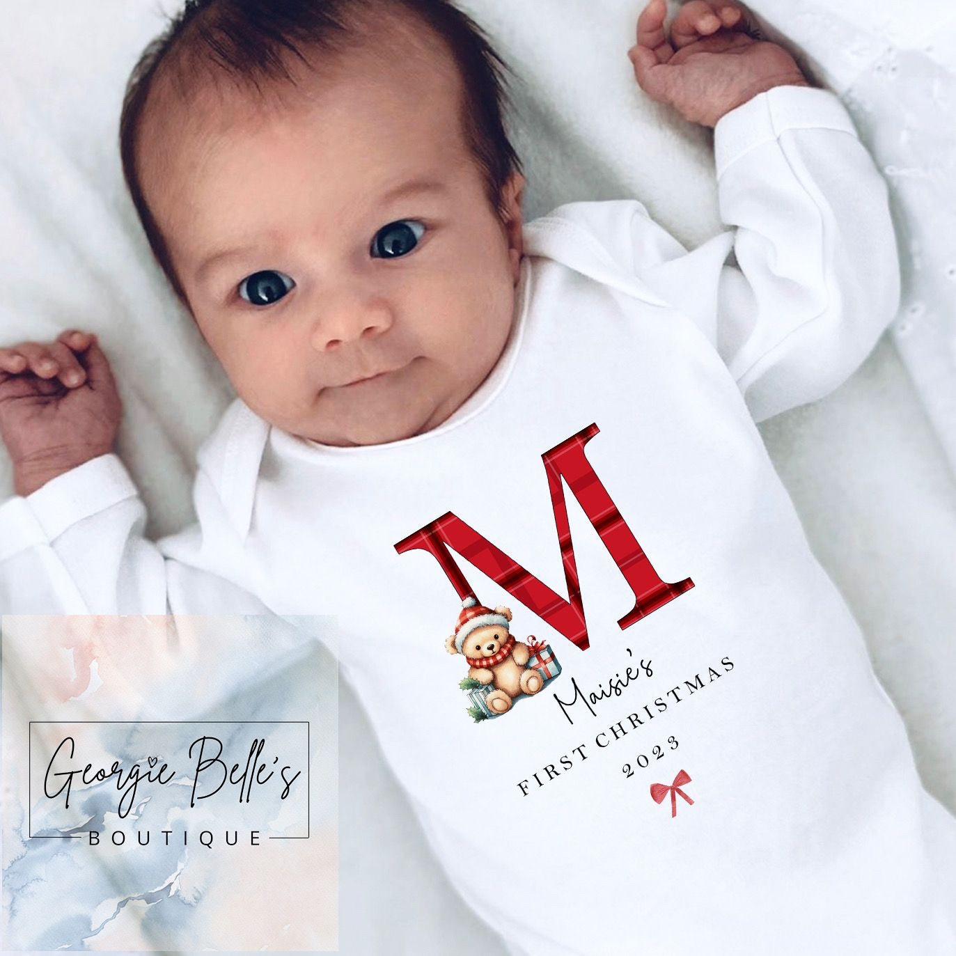 My 1st Christmas Vest / Babygrow - Girls Bear Tartan Initial Design