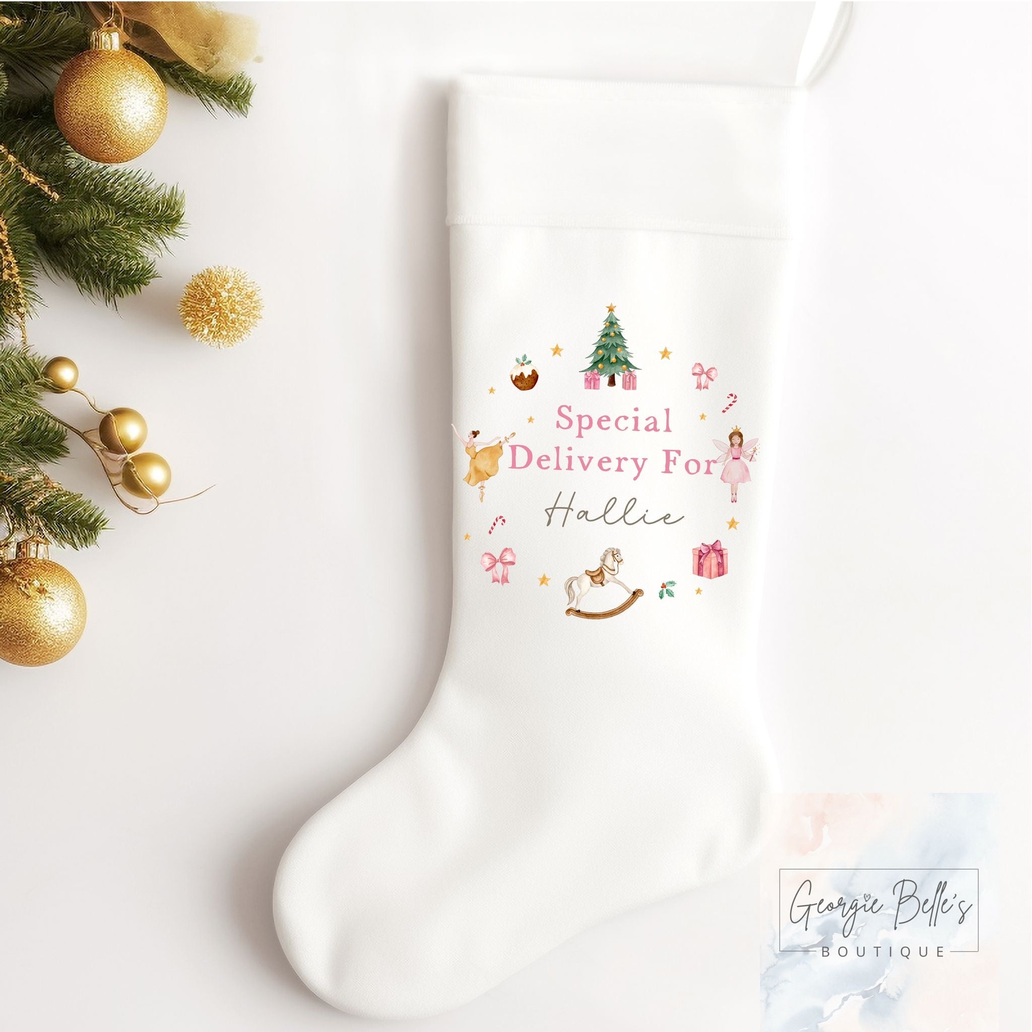 Personalised Christmas Luxury White Stocking - Special Delivery Pink Wreath Design