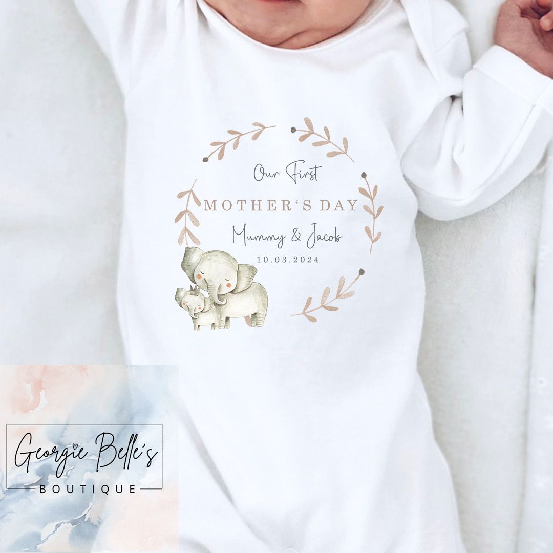 Mothers Day Personalised Vest / Babygrow - Elephant Wreath Boy Design