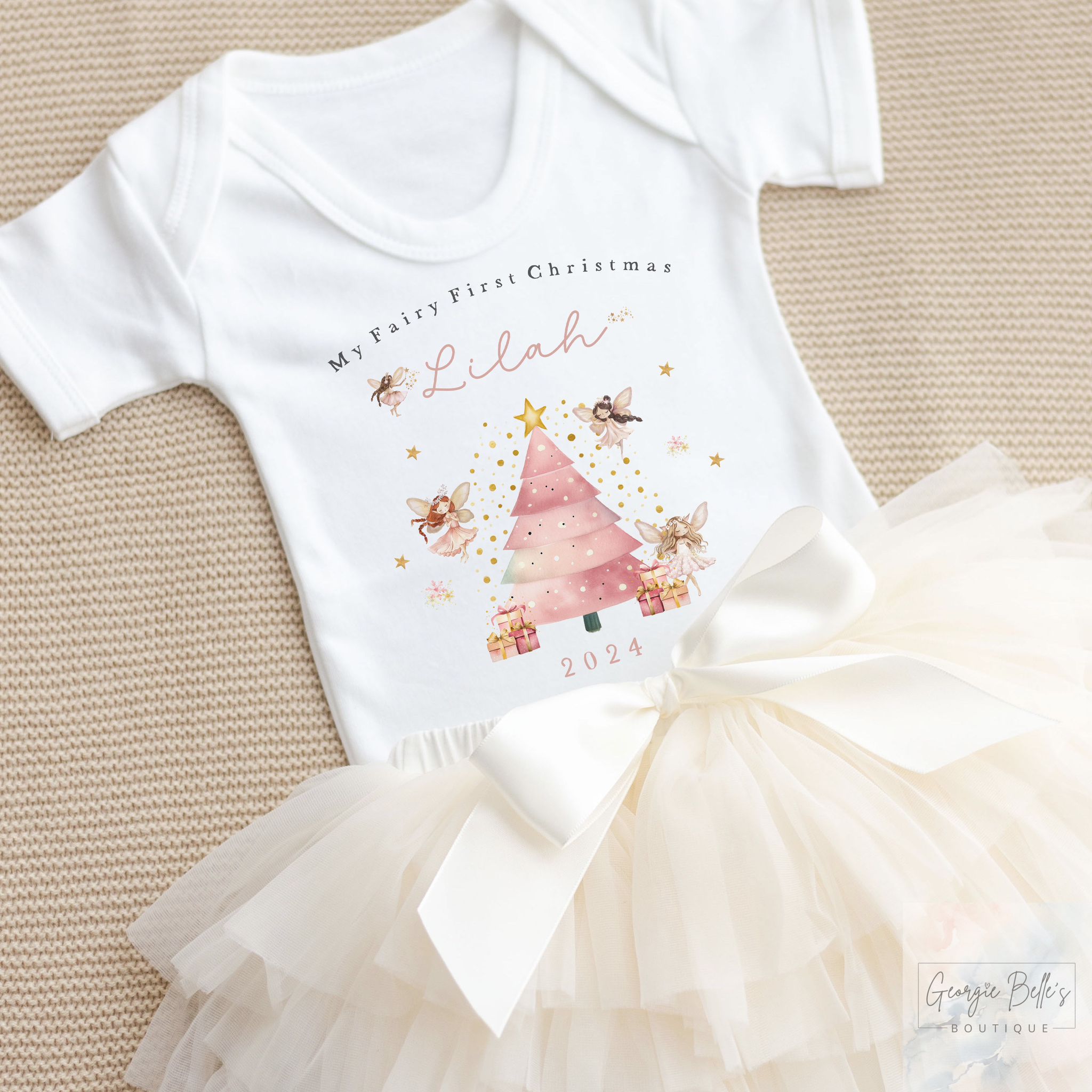 Personalised Christmas Luxury Cream Tutu Set with Vest - My Fairy First Christmas Design