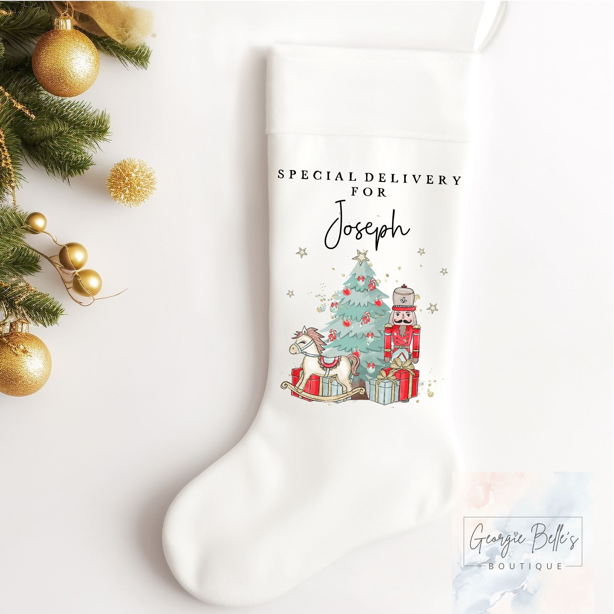 Personalised Christmas Luxury White Stocking - Special Delivery Red Toy Soilder Design