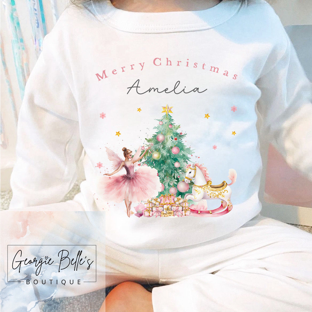 White Personalised Sibling Matching Christmas Pyjamas - Pink Nutcracker Design