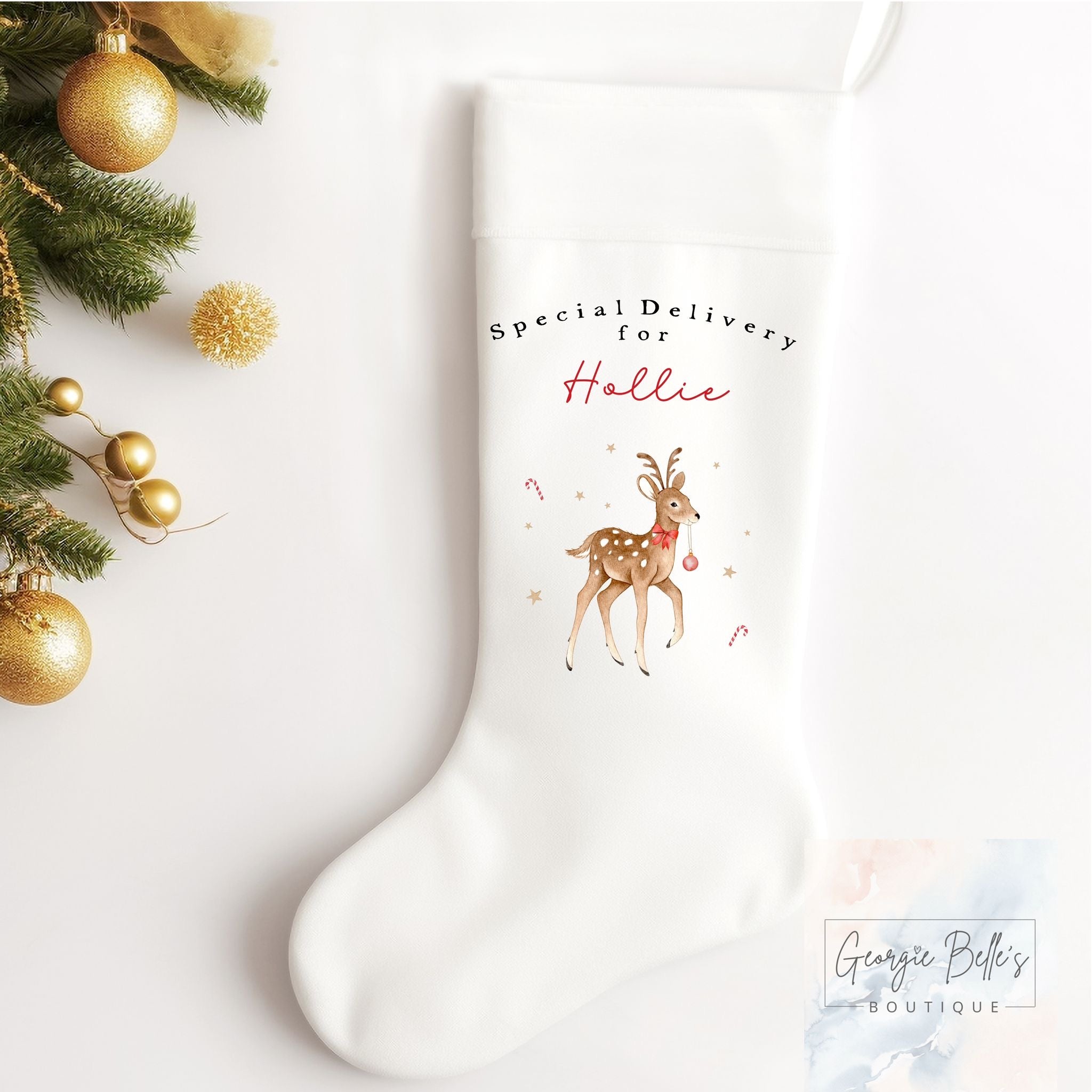 Personalised Christmas Luxury White Stocking - Special Delivery Reindeer Design