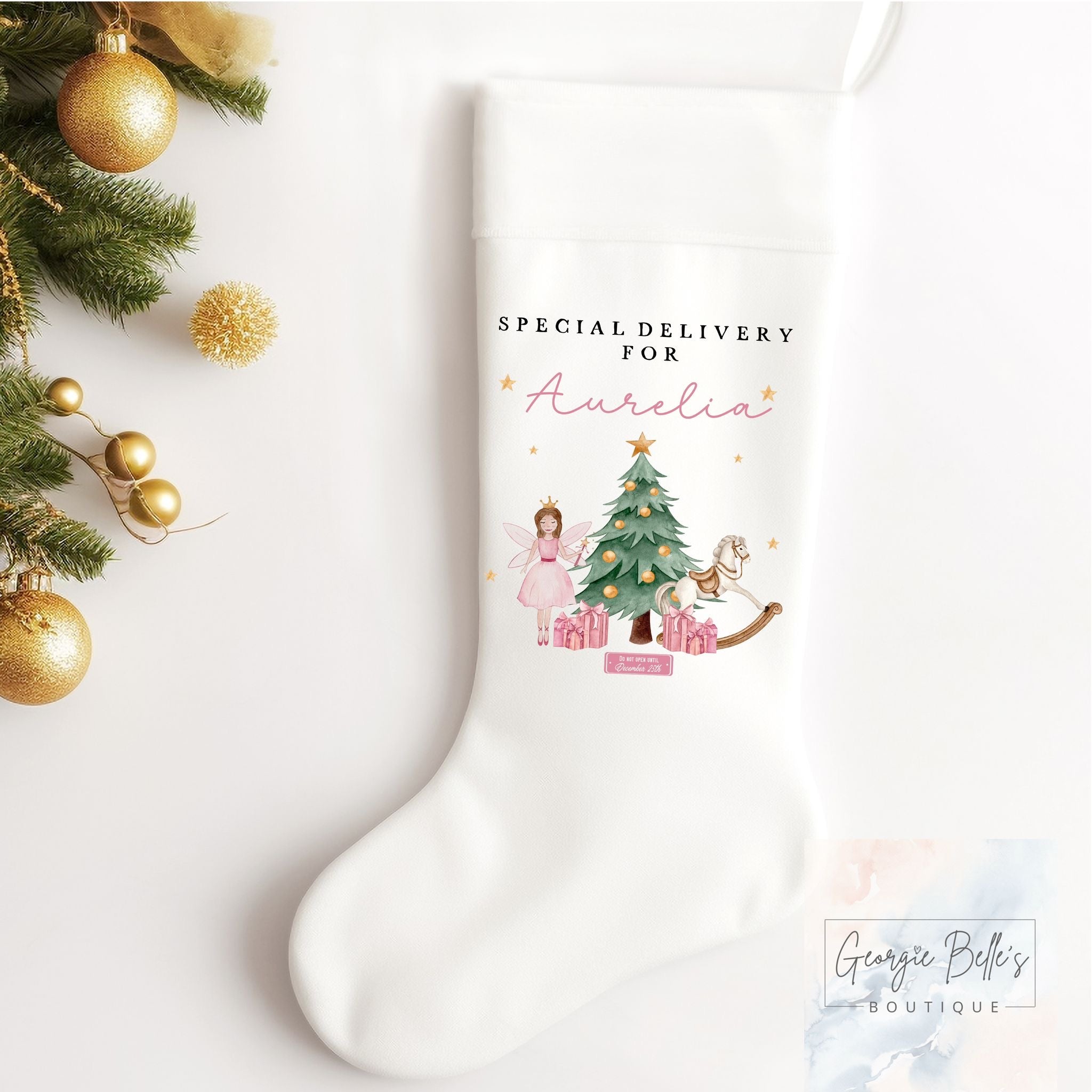 Personalised Christmas Luxury White Stocking - Special Delivery Pink Nutcracker Design