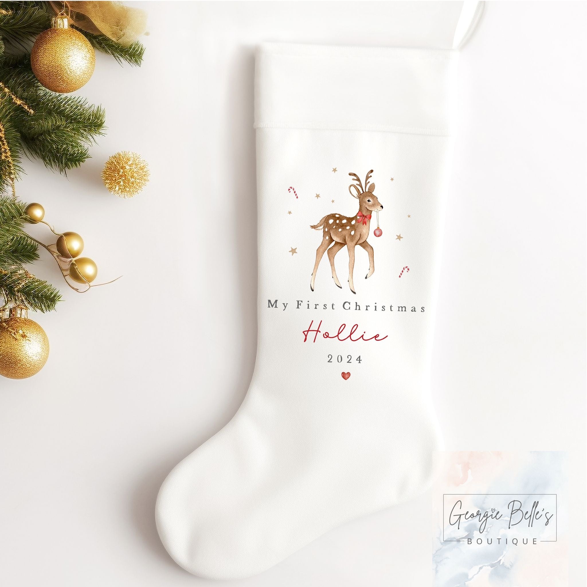 Personalised Christmas Luxury White Stocking - My 1st Christmas Reindeer Design