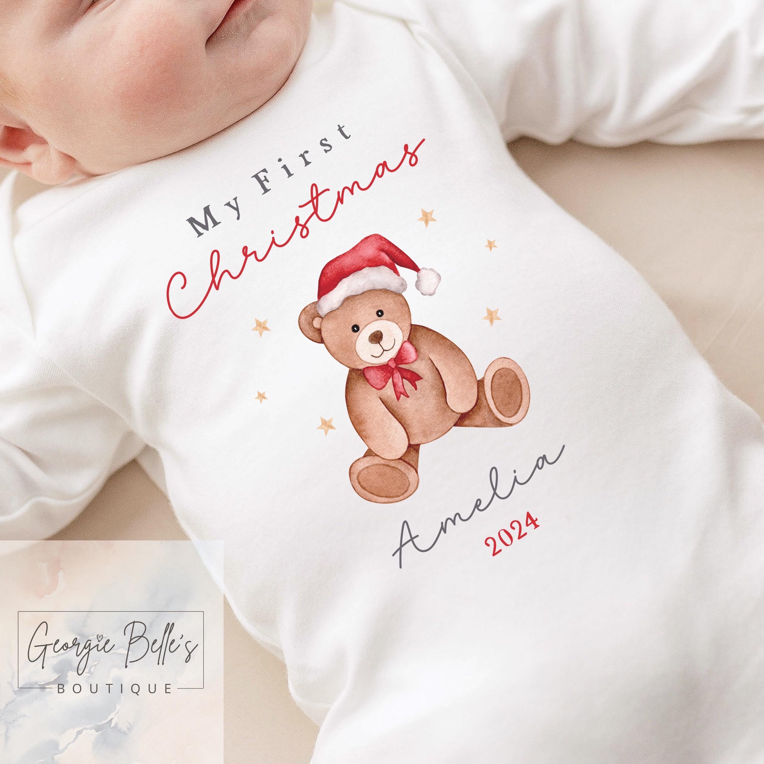 My 1st Christmas Personalised Baby Vest / Babygrow - Georgie Belle’s Bear Red Design