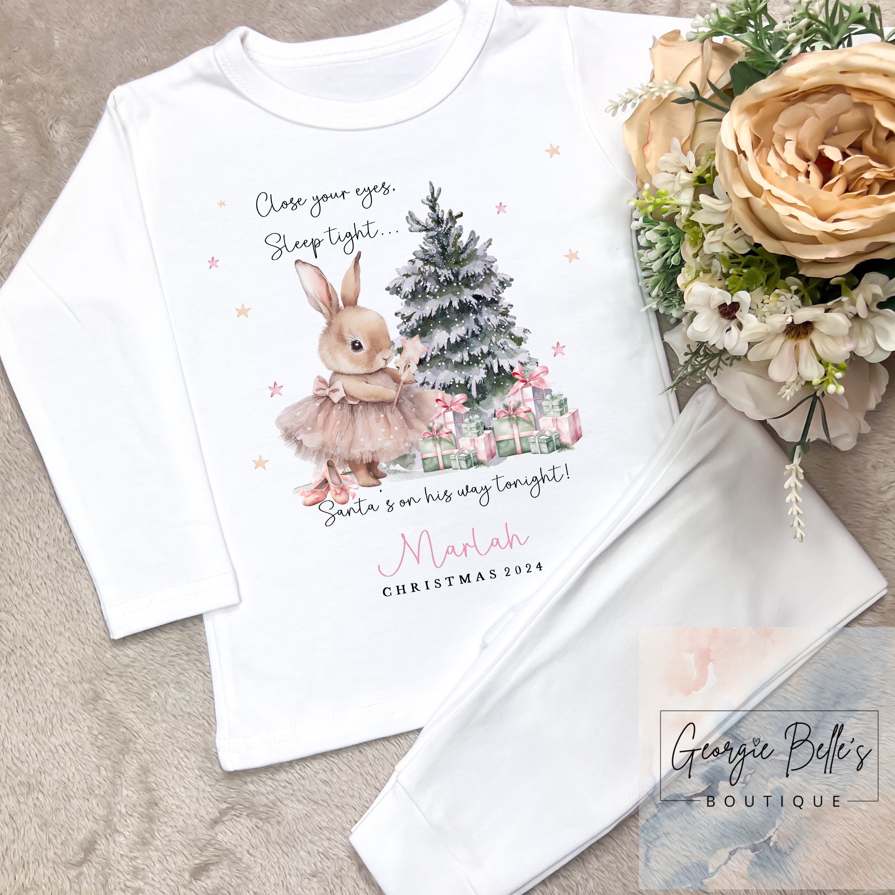 White Personalised Sibling Matching Christmas Pyjamas - Pink Bunny, Close your eyes Design