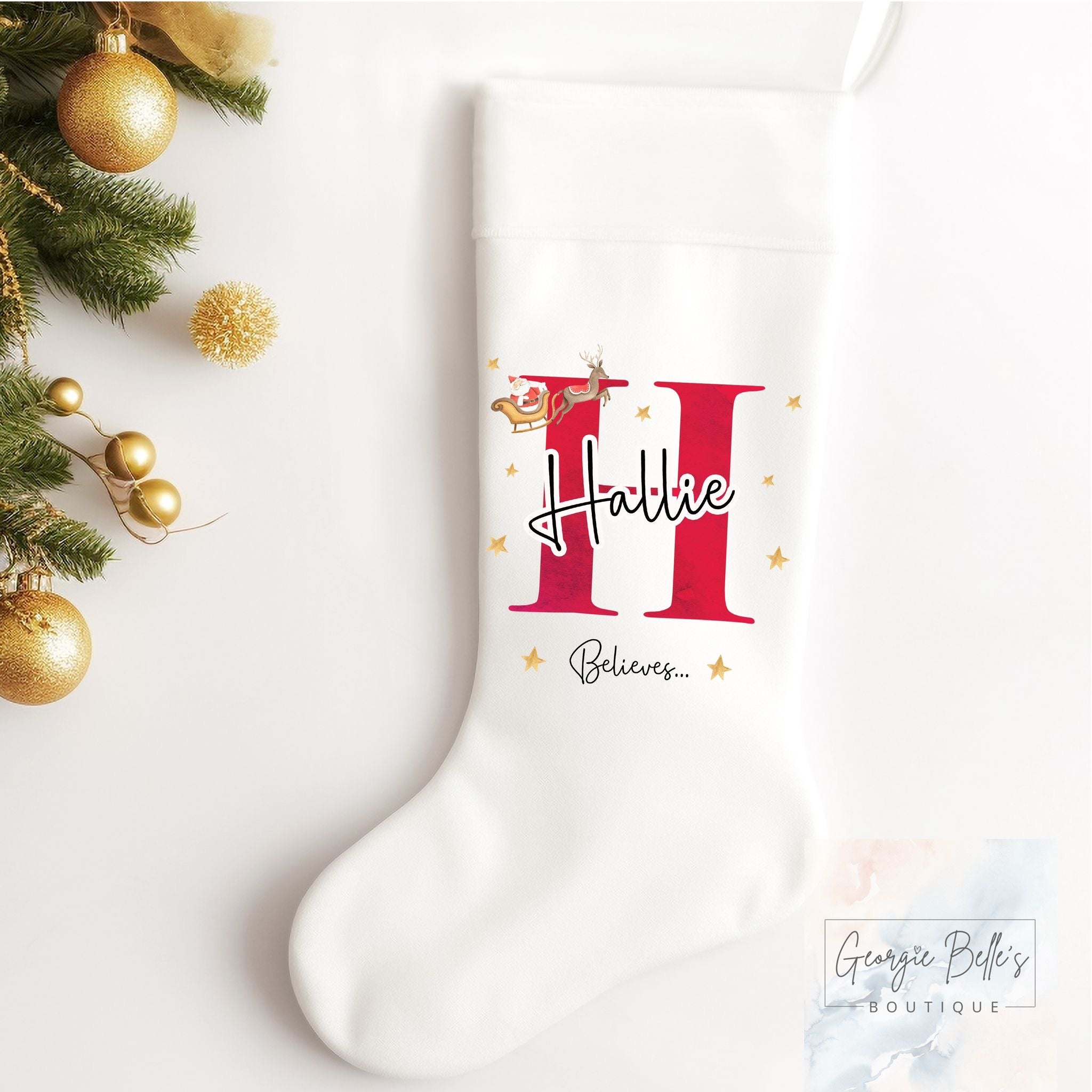 Personalised Christmas Luxury White Stocking - Believes Design