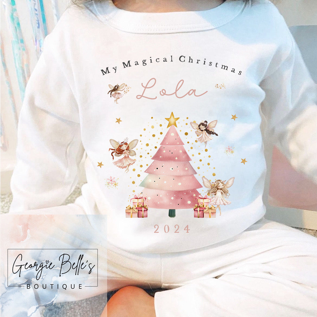 White Personalised Sibling Matching Christmas Pyjamas - Fairy Design