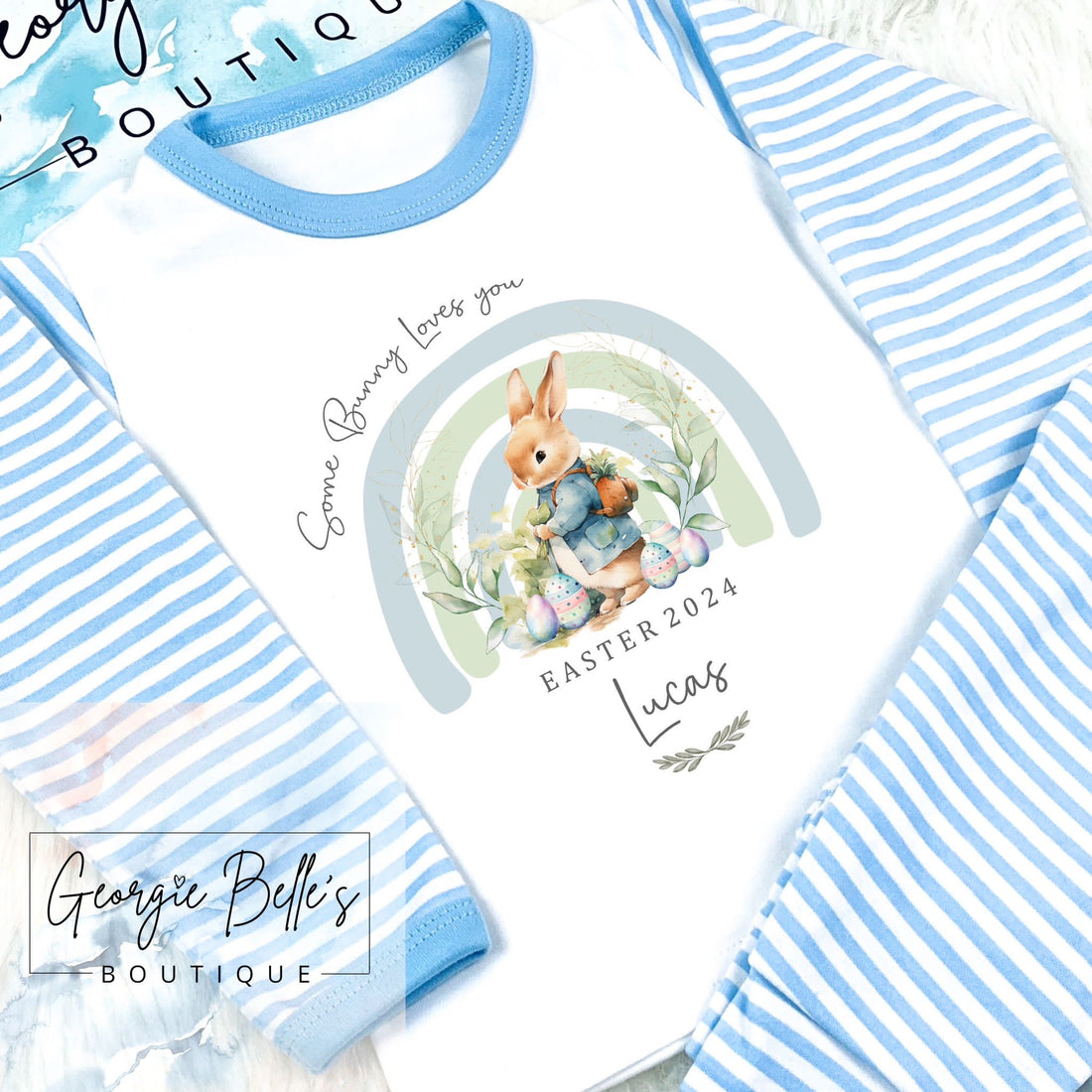 Personalised Easter Pyjamas - Some Bunny Blue Rainbow Design