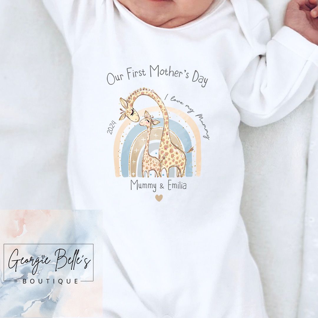 Mothers Day Personalised Babygrow- Blue Giraffe Design