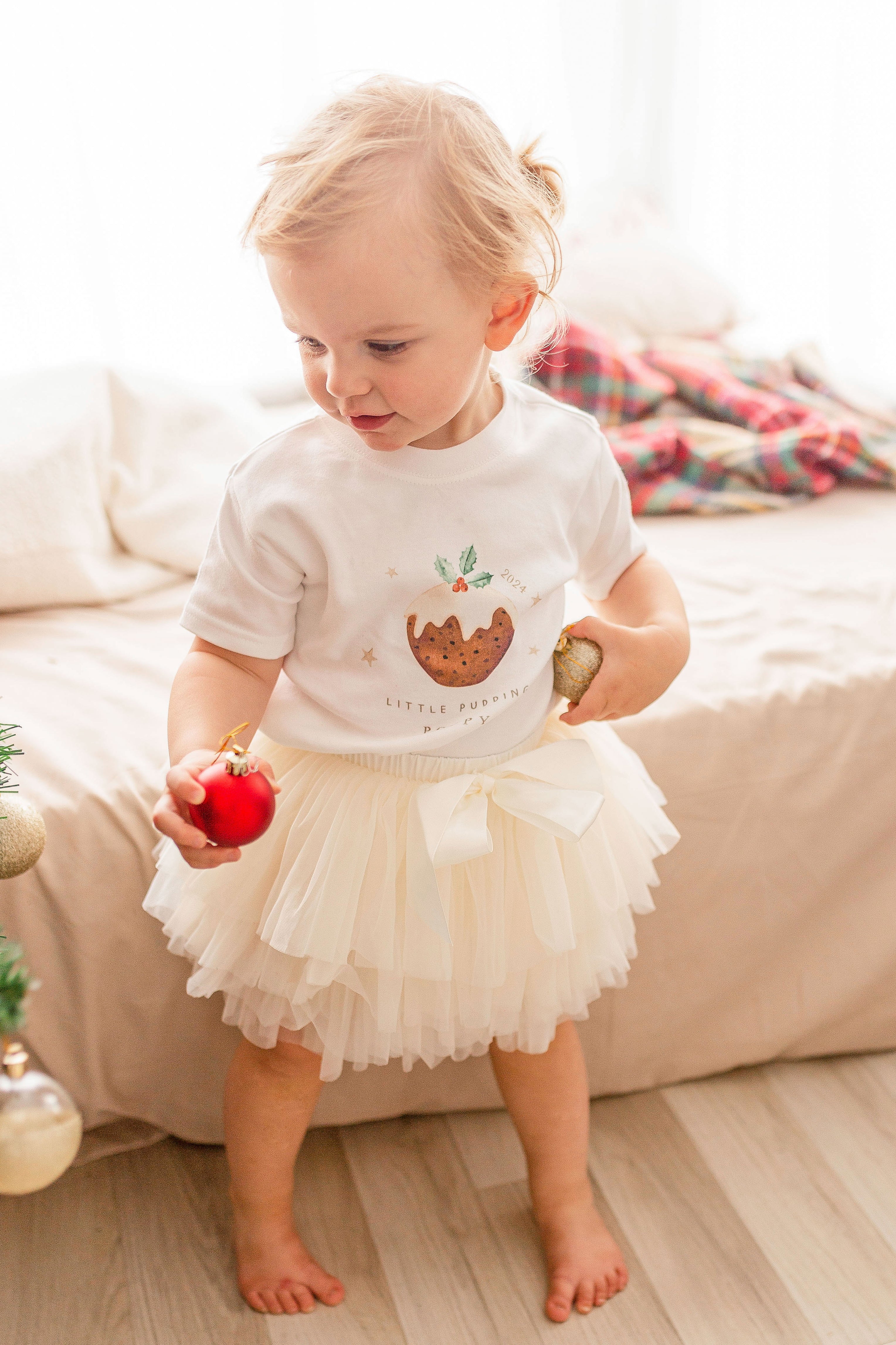 Personalised Christmas Luxury Cream Tutu Set with T-Shirt - Little Pudding Design