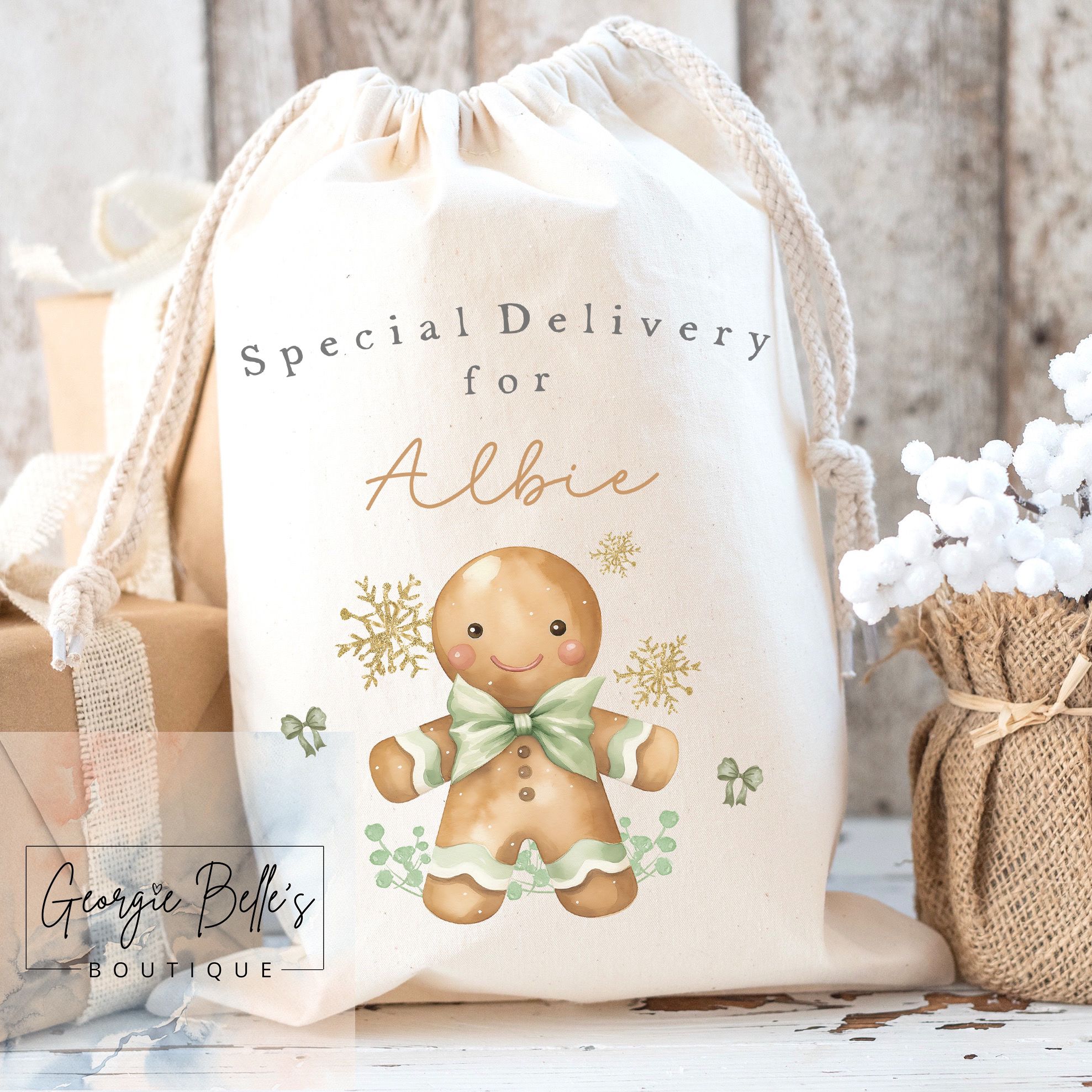 Luxury Premium Cotton Christmas Sack- Sage Gingerbread Design