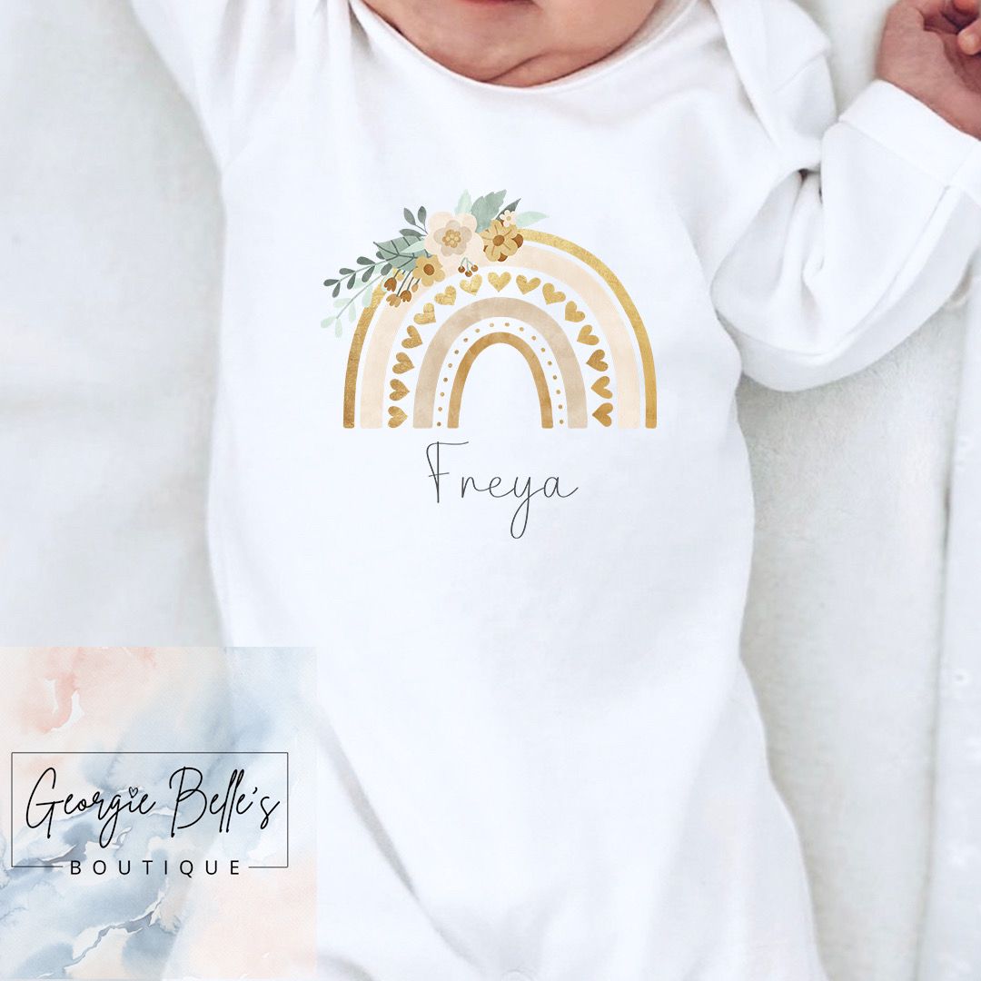 Personalised Vest / Babygrow -  Gold Floral Rainbow Design