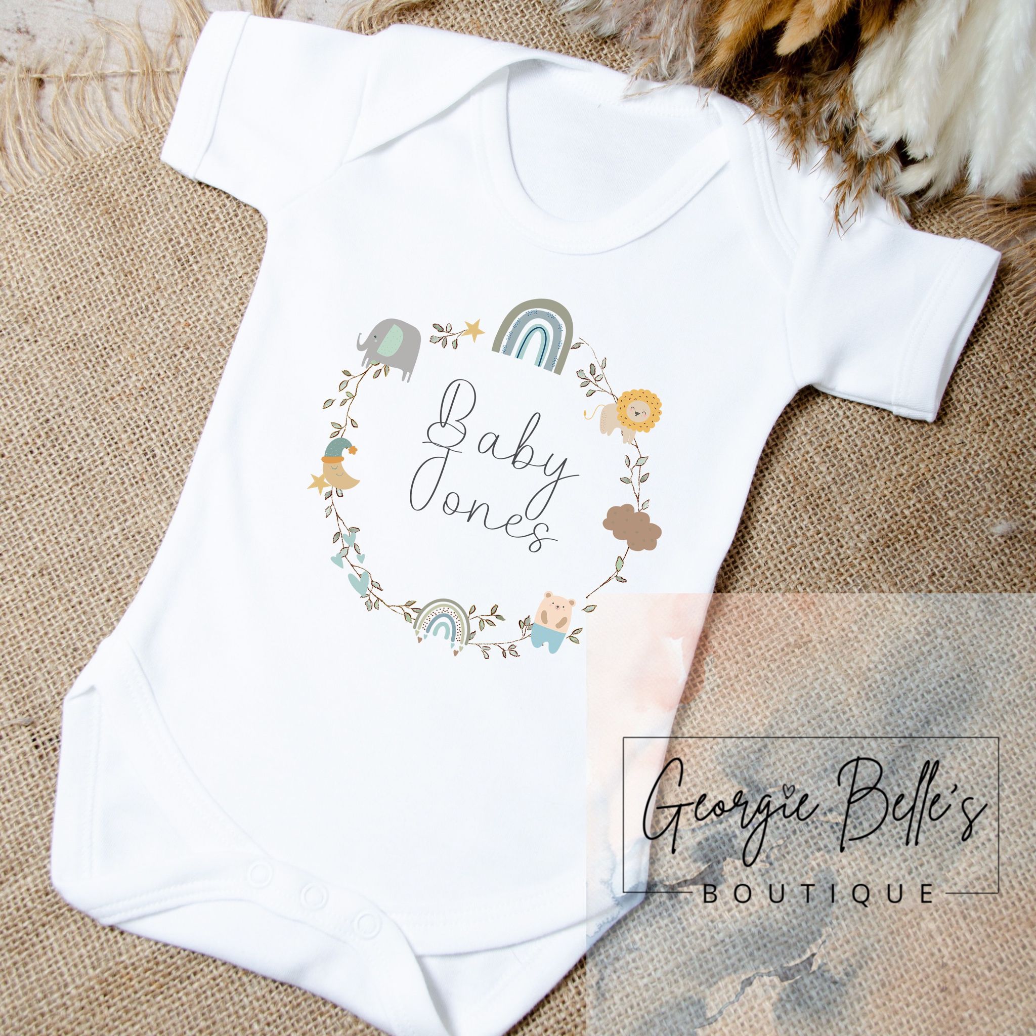 Personalised Announcement Vest / Babygrow - Grey Safari Wreath Design