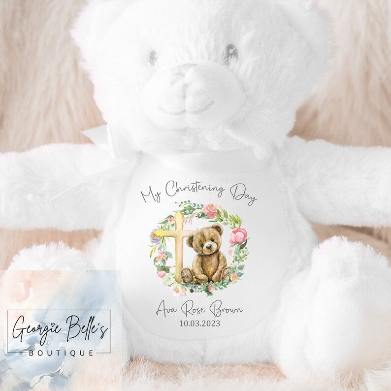 Personalised Christening Vest/Babygrow - Bear Wreath Design