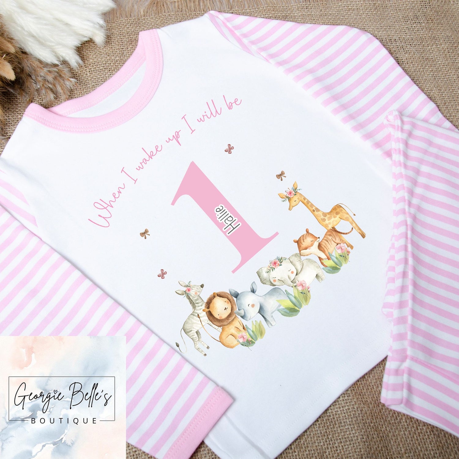 Personalised Birthday Pyjamas -Pink ‘When I Wake Up’ Safari Design