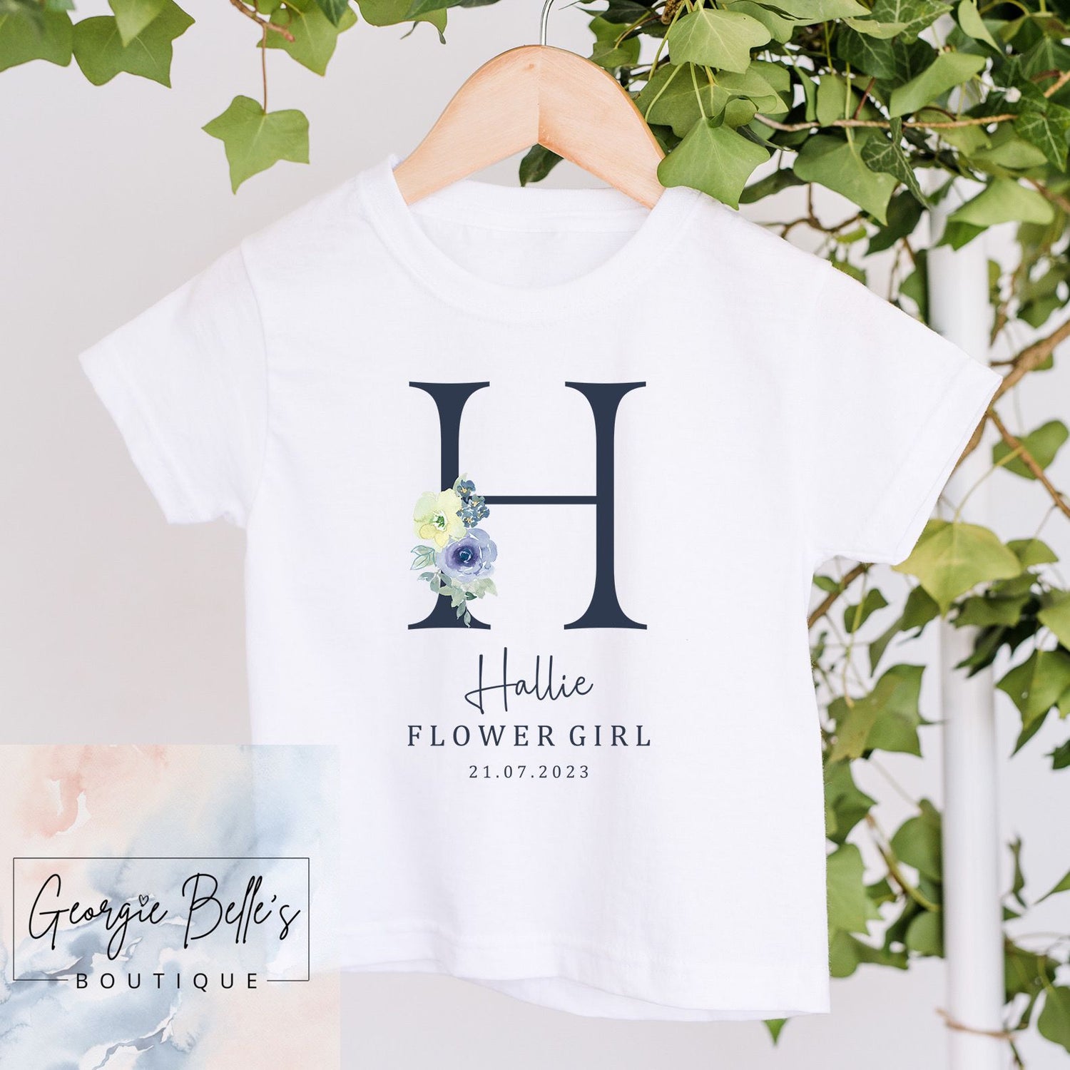 Flower Girl T-Shirt - Blue Floral Initial Design