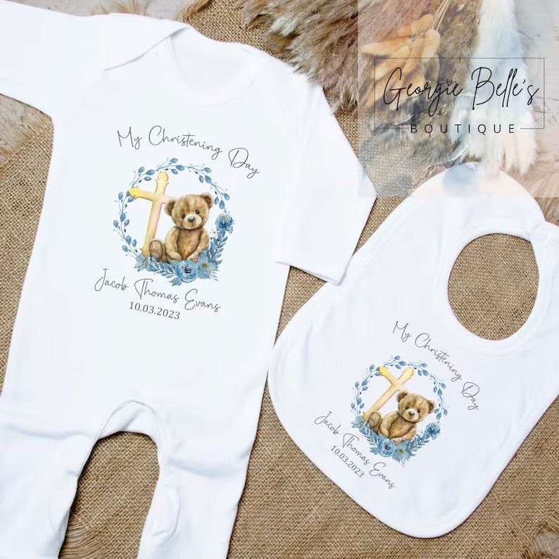 Personalised Christening Vest/Babygrow - Blue Bear Wreath Design