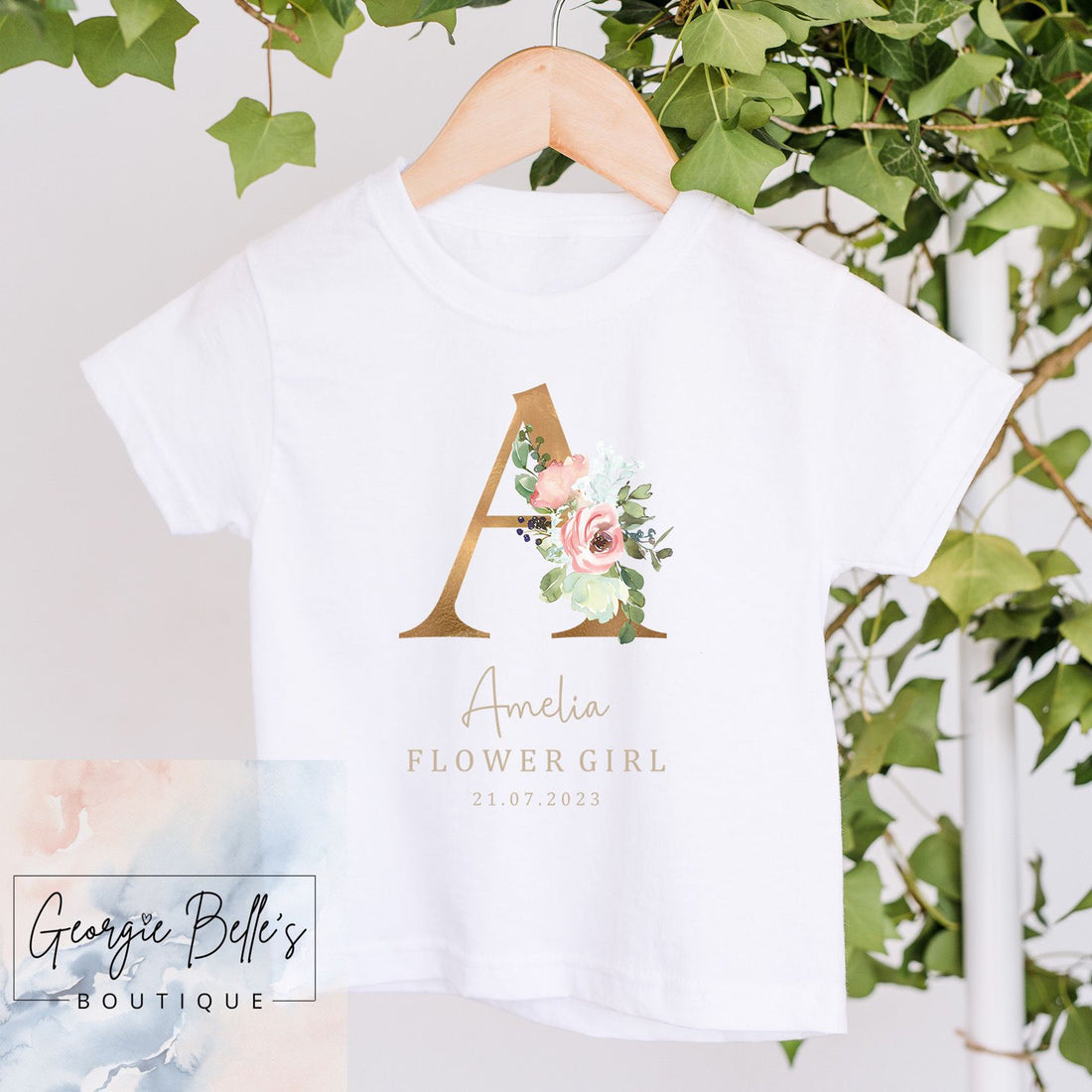 Flower Girl T-Shirt - Gold Floral Initial Design