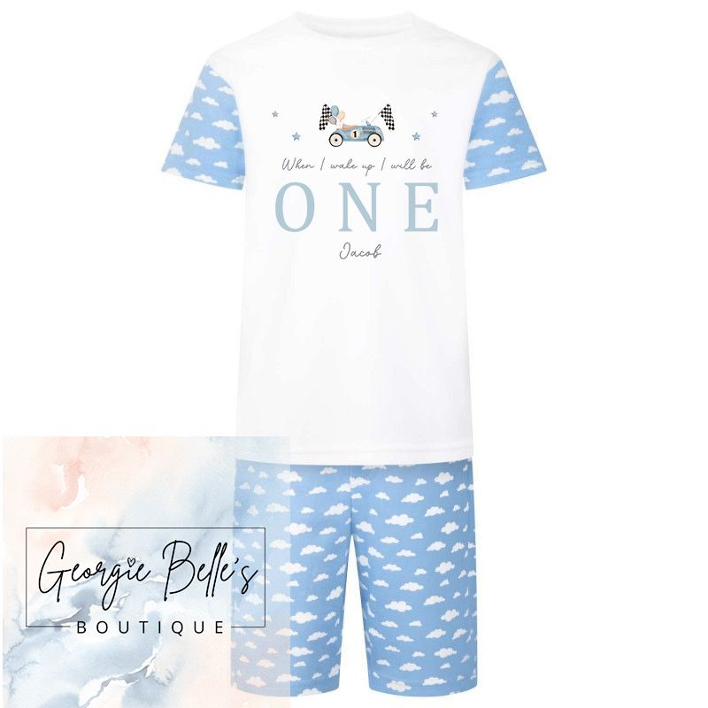 Blue Cloud Print Short PJ Set - Car Design