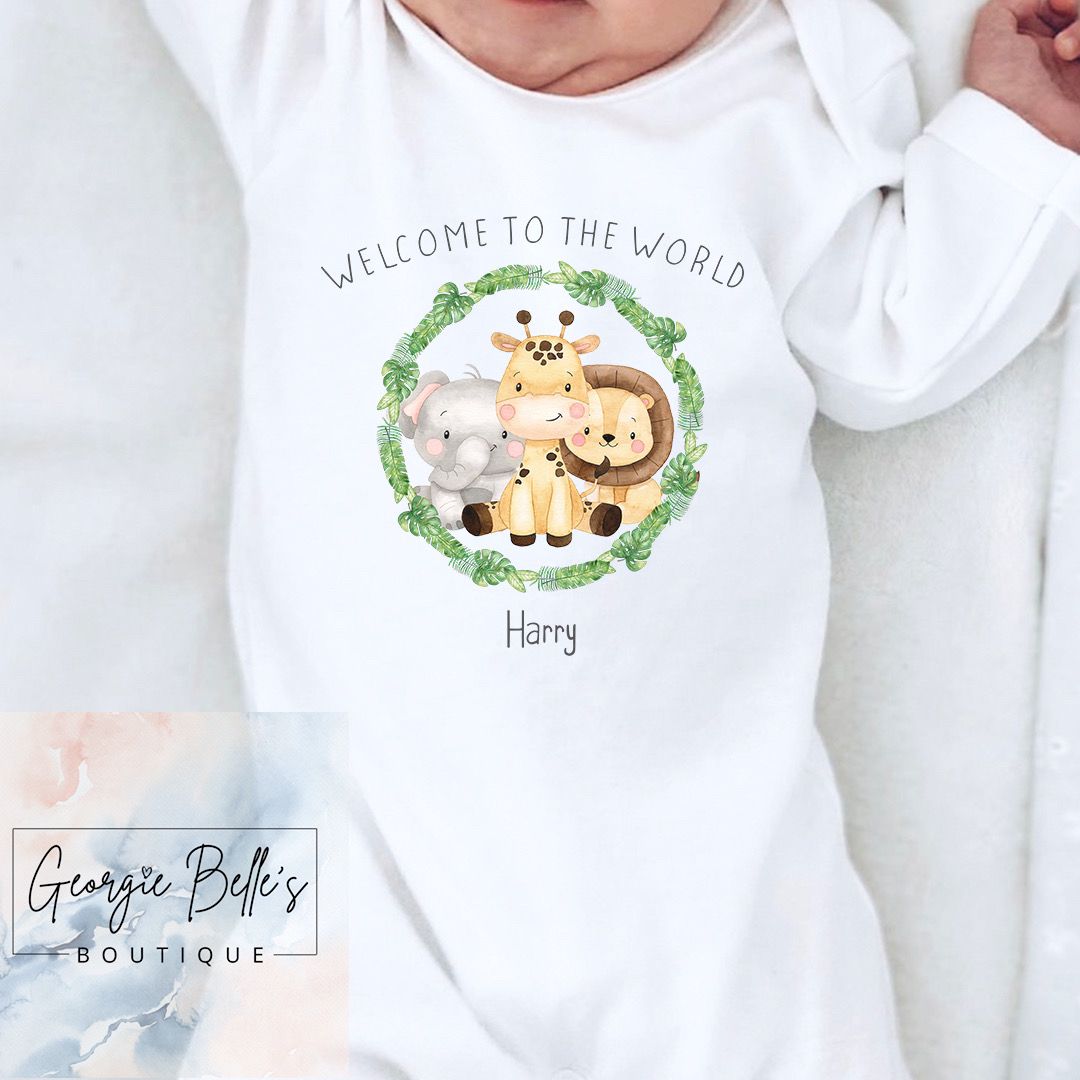 Announcement Vest / Babygrow - Cartoon Safari Wreath Design