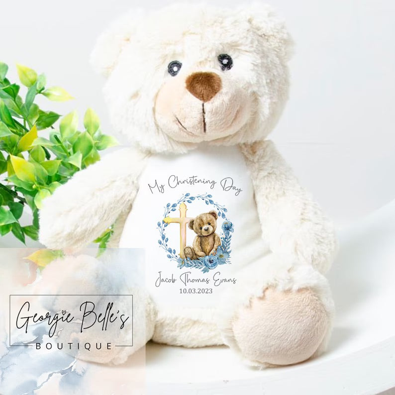 Personalised Christening Vest/Babygrow - Blue Bear Wreath Design