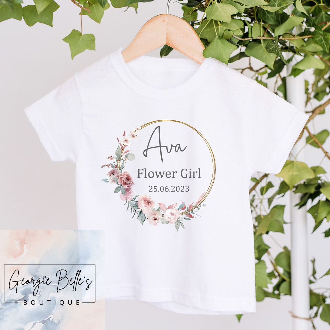 Flower Girl T-Shirt - Dusky Pink Wreath Design