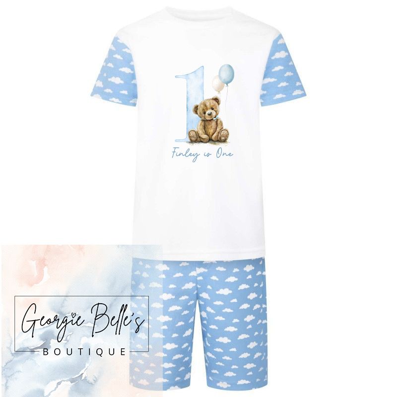 Blue Cloud Print Short PJ Set- Bear Design